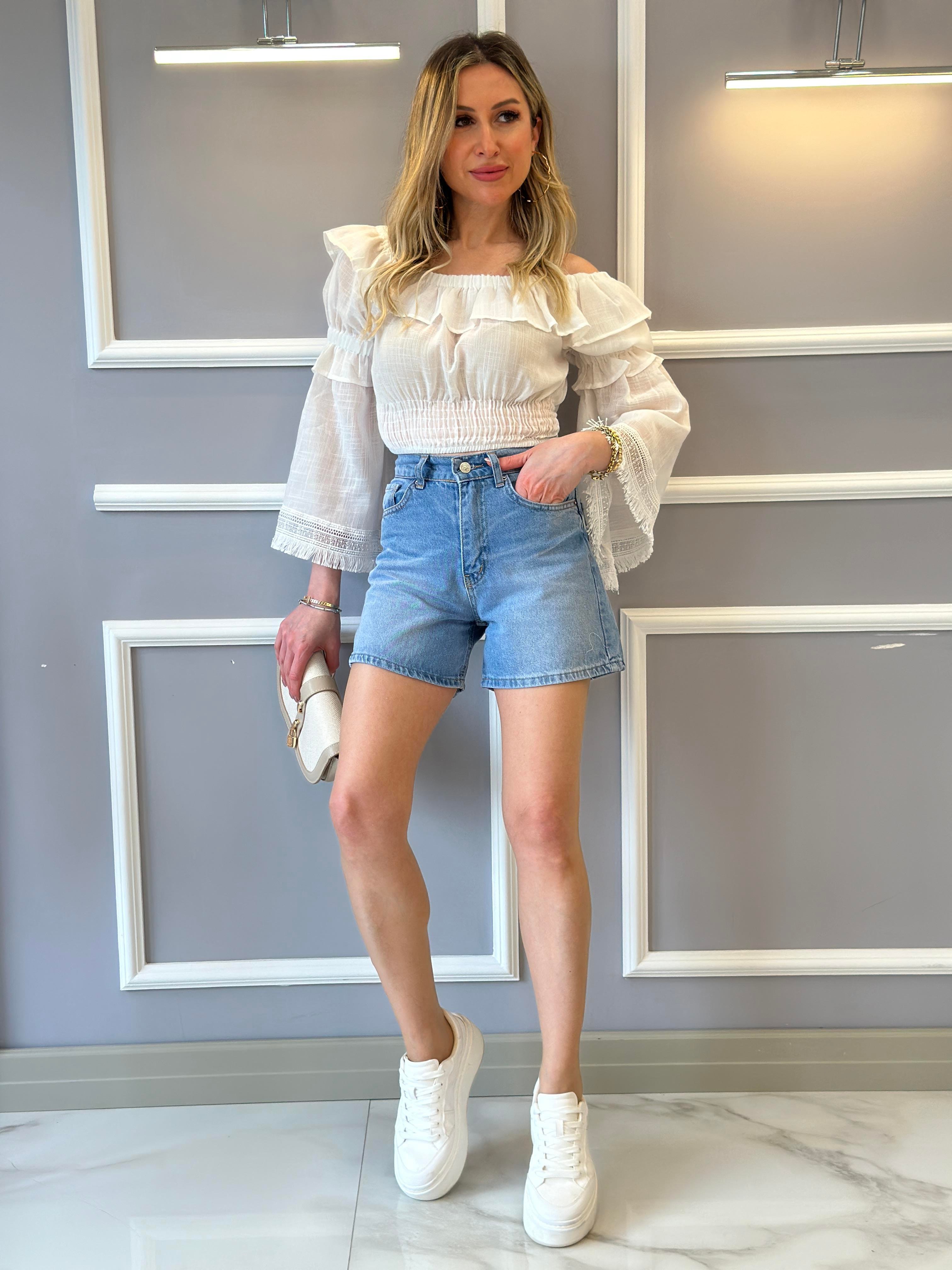 Şort Jeans Yıkamalı Mavi