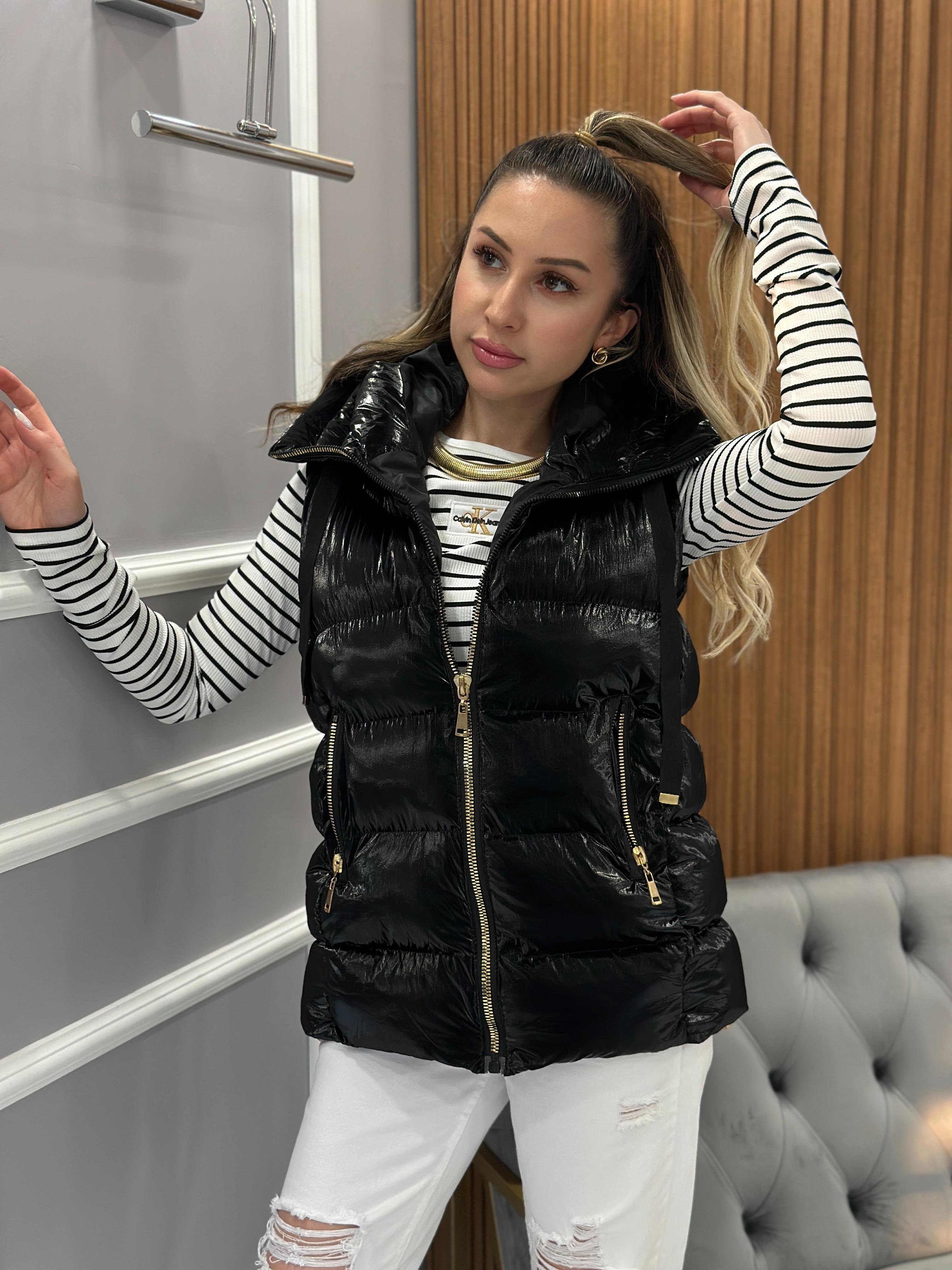 Star Premium Parlak Yelek Gold Detaylı Siyah  