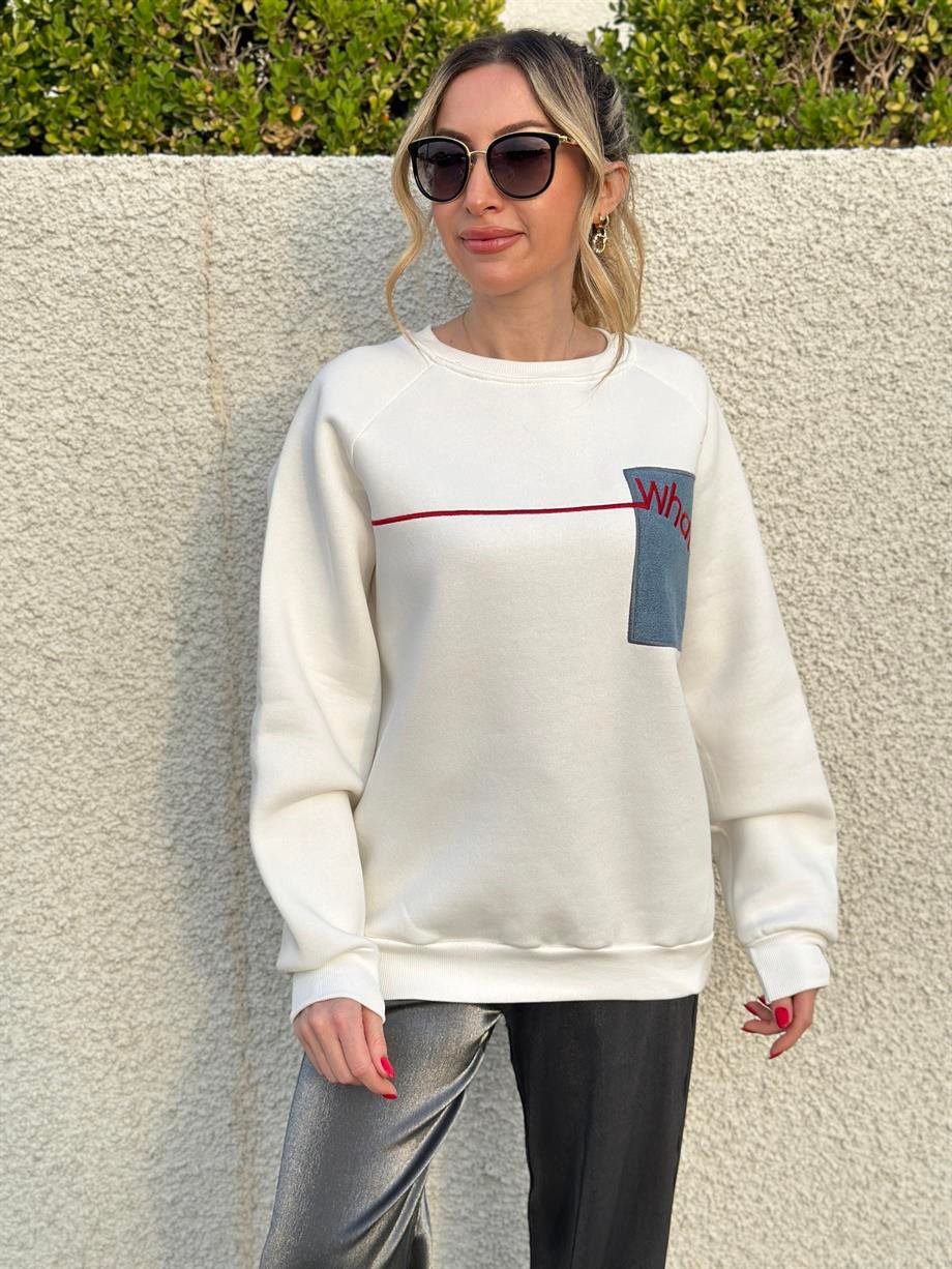 Sweatshirt Kot Yazı Detaylı Ekru