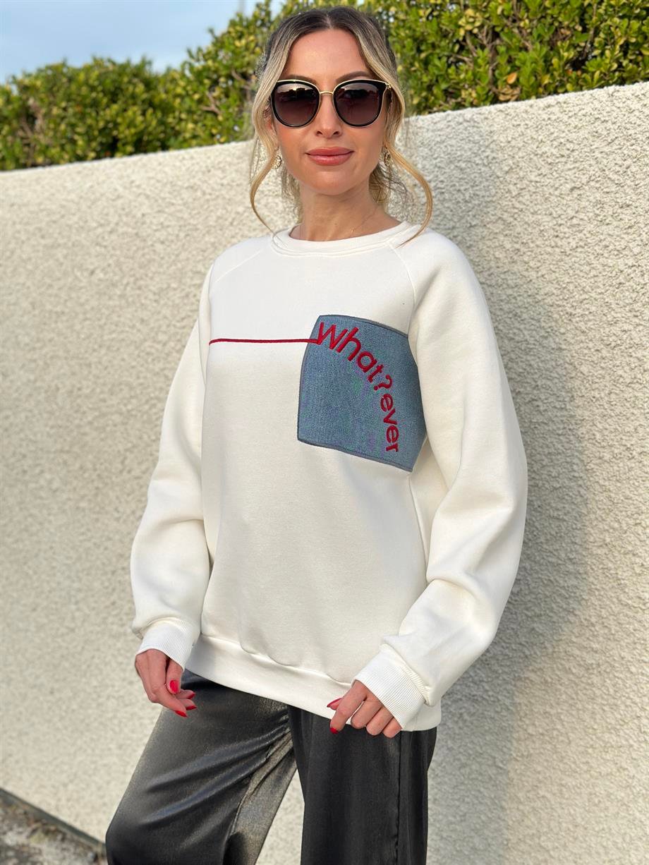 Sweatshirt Kot Yazı Detaylı Ekru