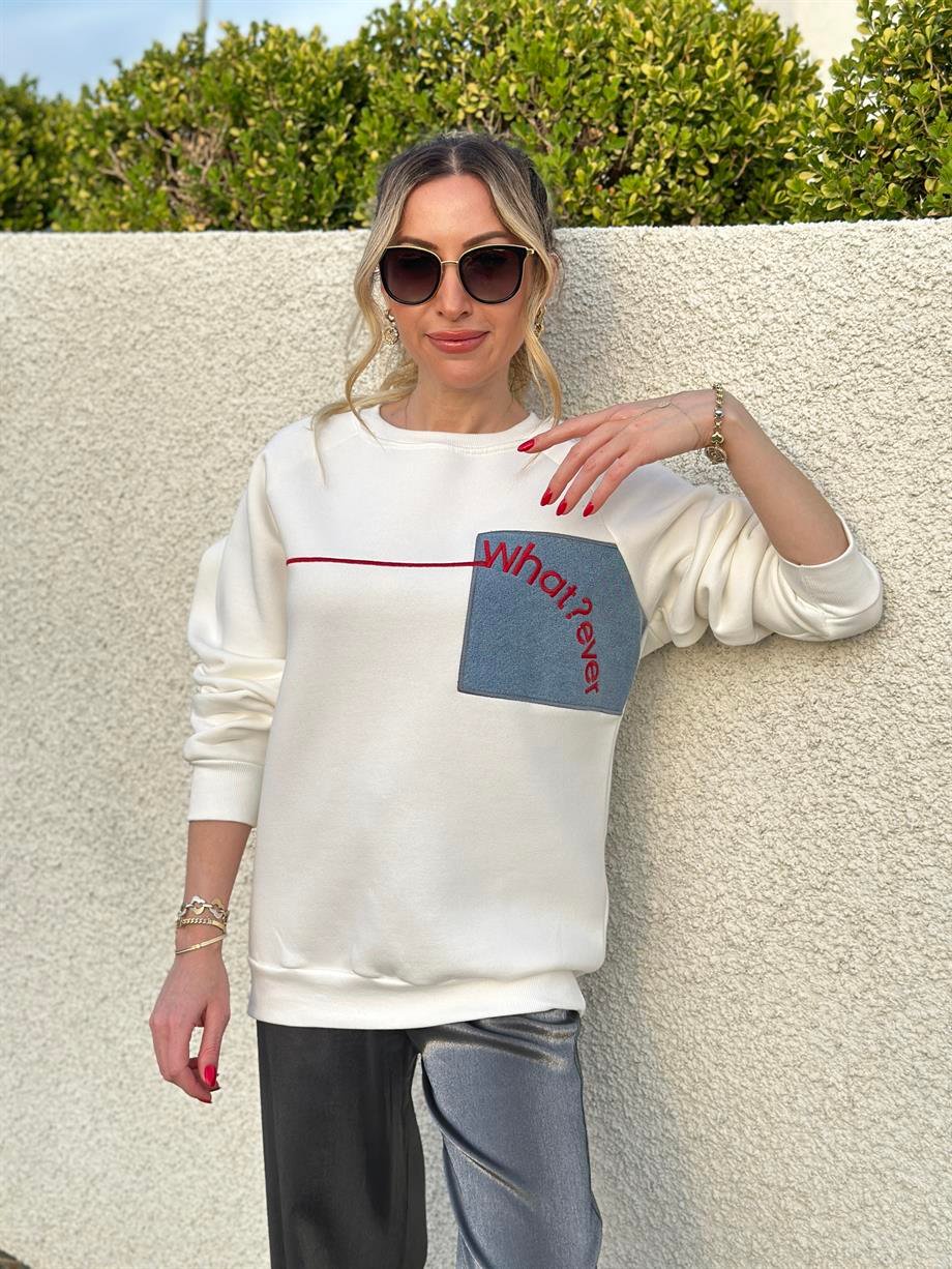Sweatshirt Kot Yazı Detaylı Ekru