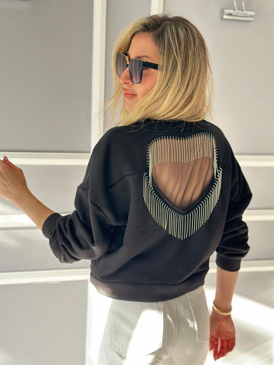 Sweatshirt Sırtı Tül Kalp Detaylı Siyah