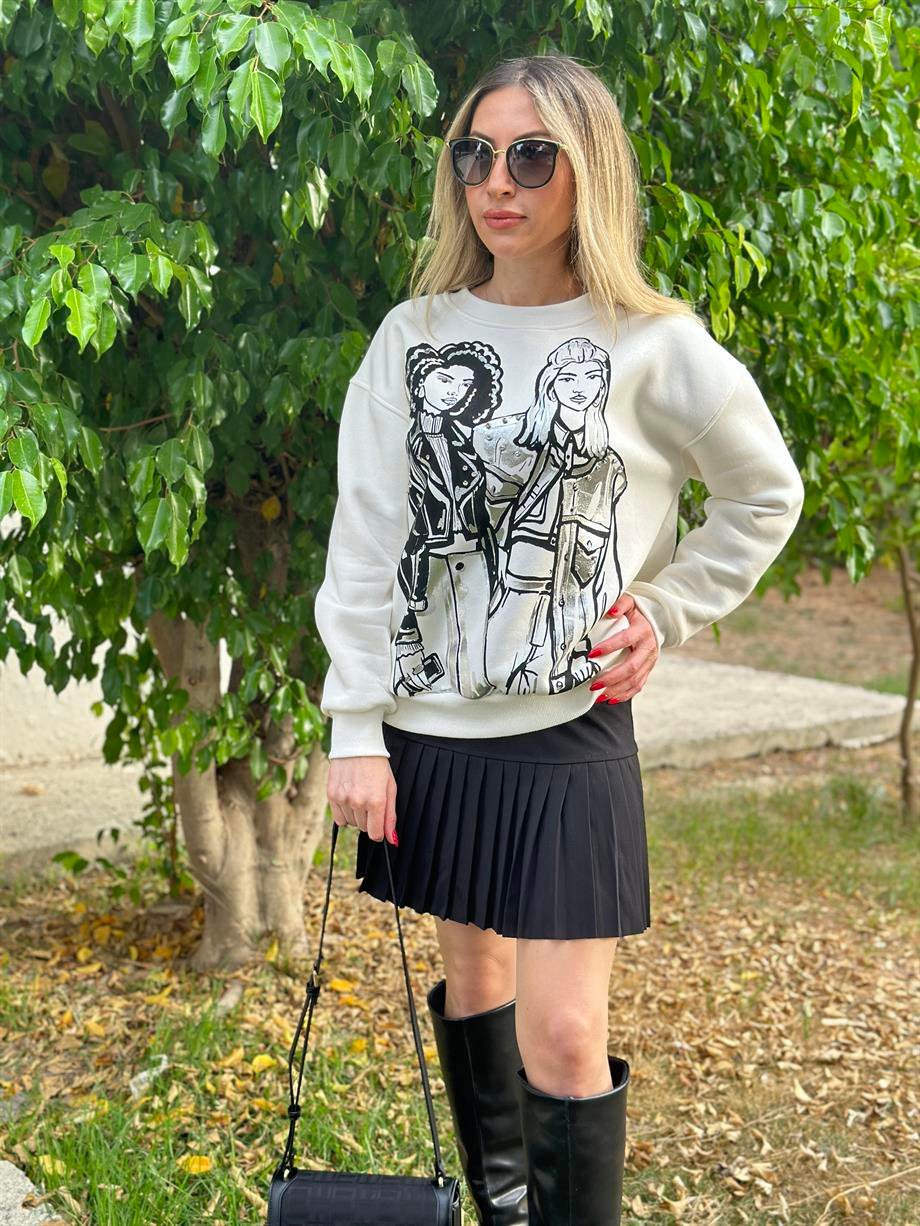 Sweatshirt Taşlı Girls Detaylı Ekru
