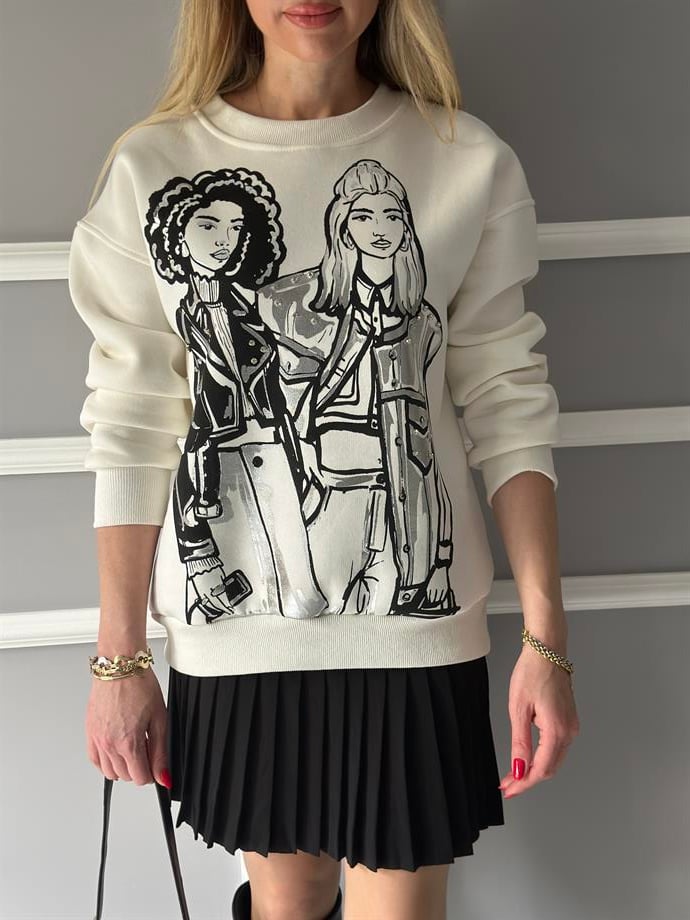 Sweatshirt Taşlı Girls Detaylı Ekru