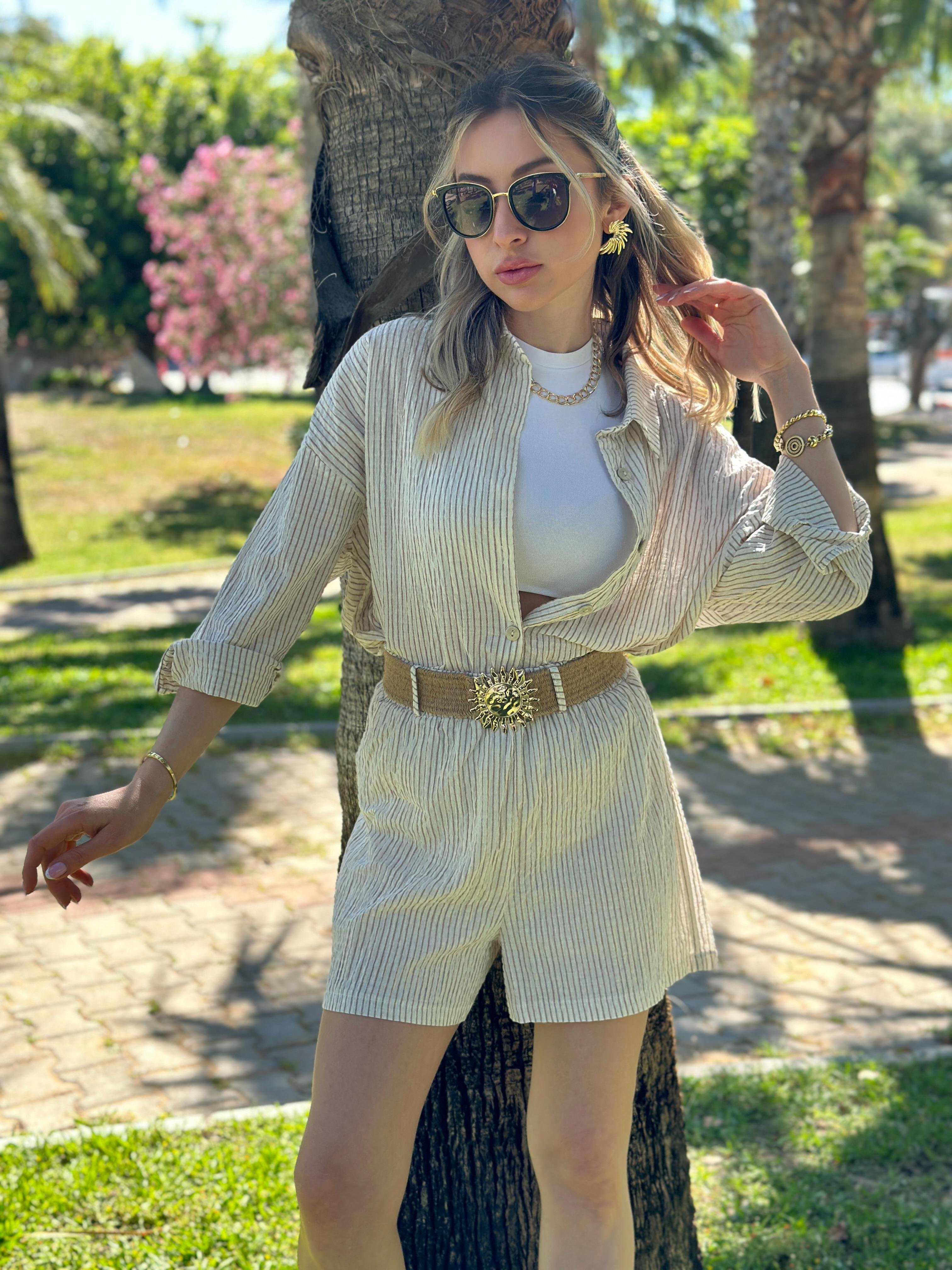 Takım Naturel Şortlu-Kemerli Çizgili Vizon