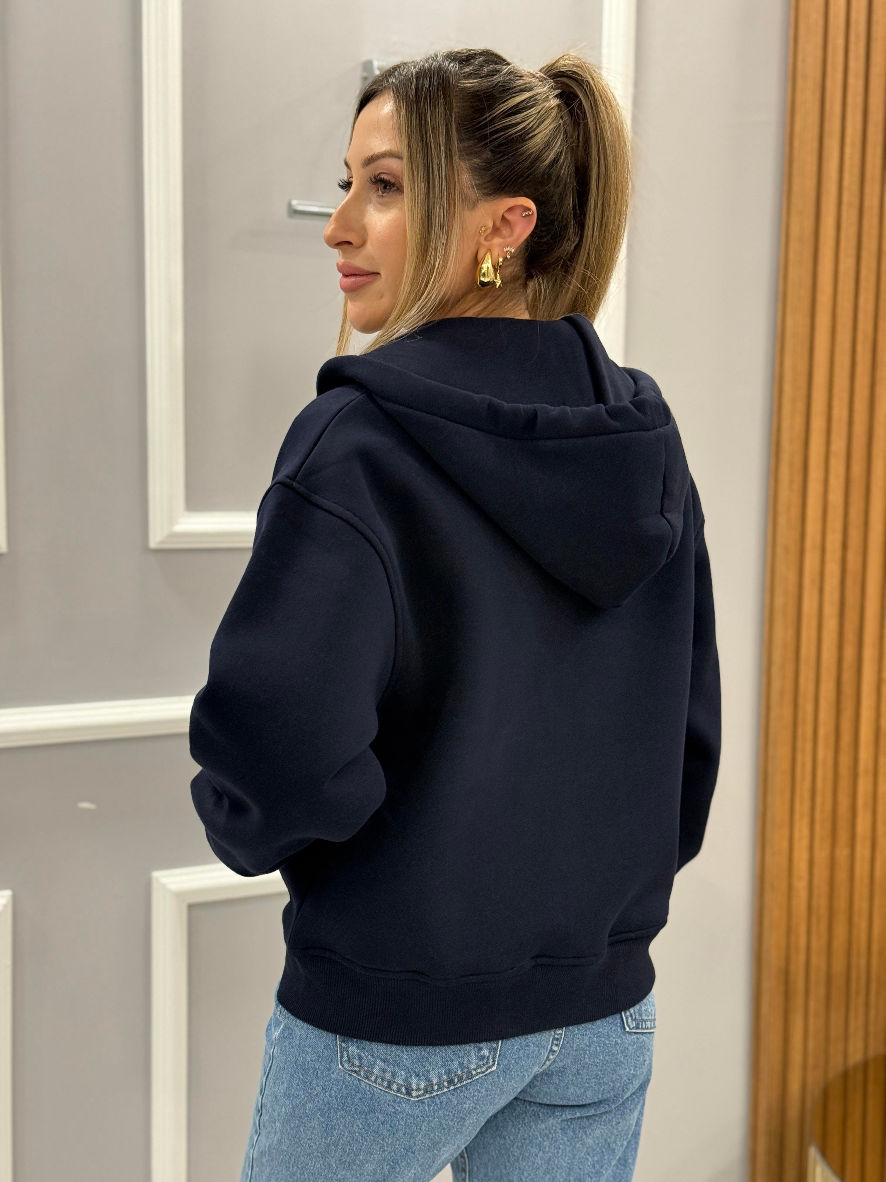 Th Fermuarlı Ceket Sweat Şardonlu Boyu 55 cm Lacivert 