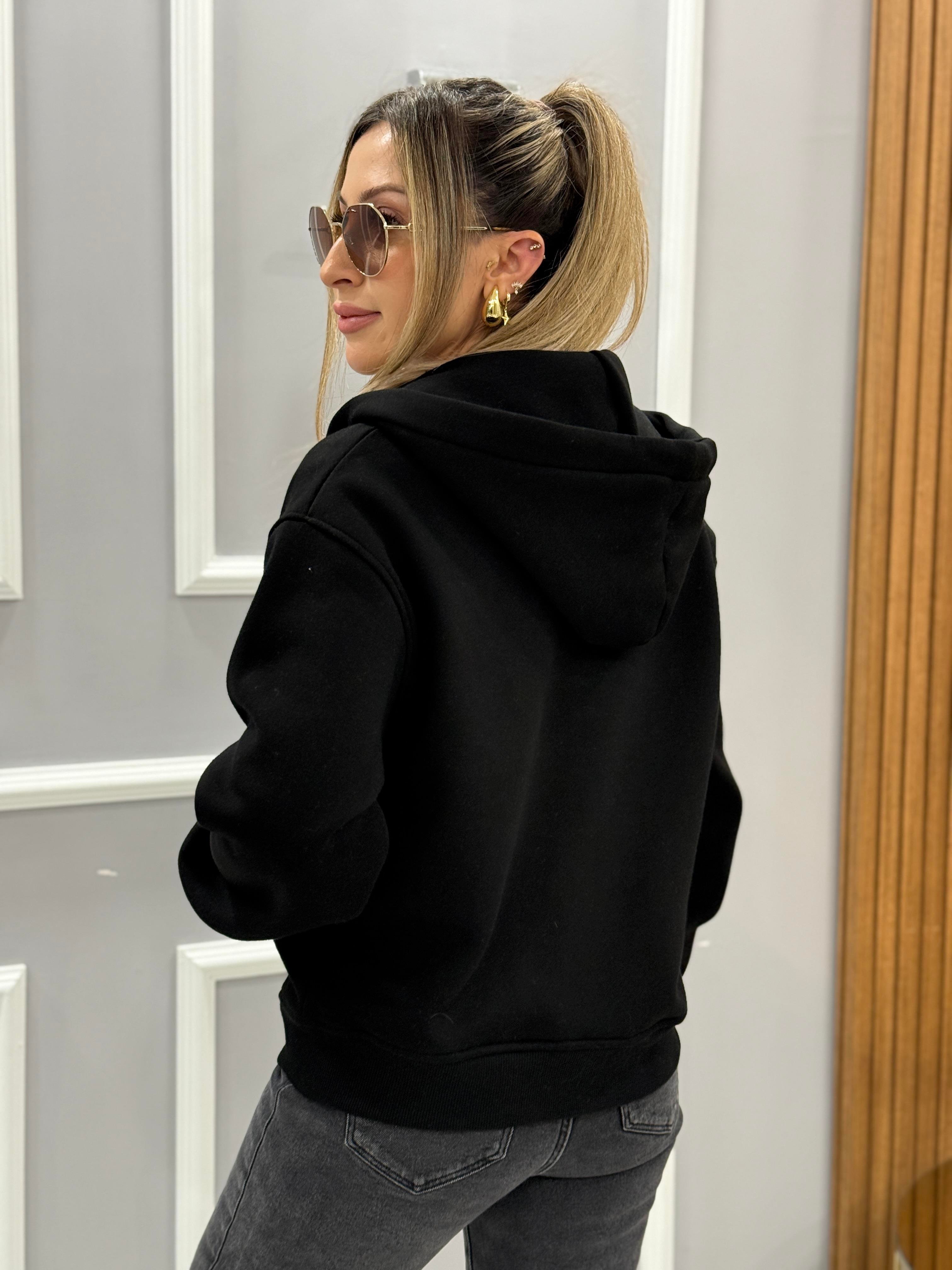 Th Fermuarlı Ceket Sweat Şardonlu Boyu 55 cm Siyah