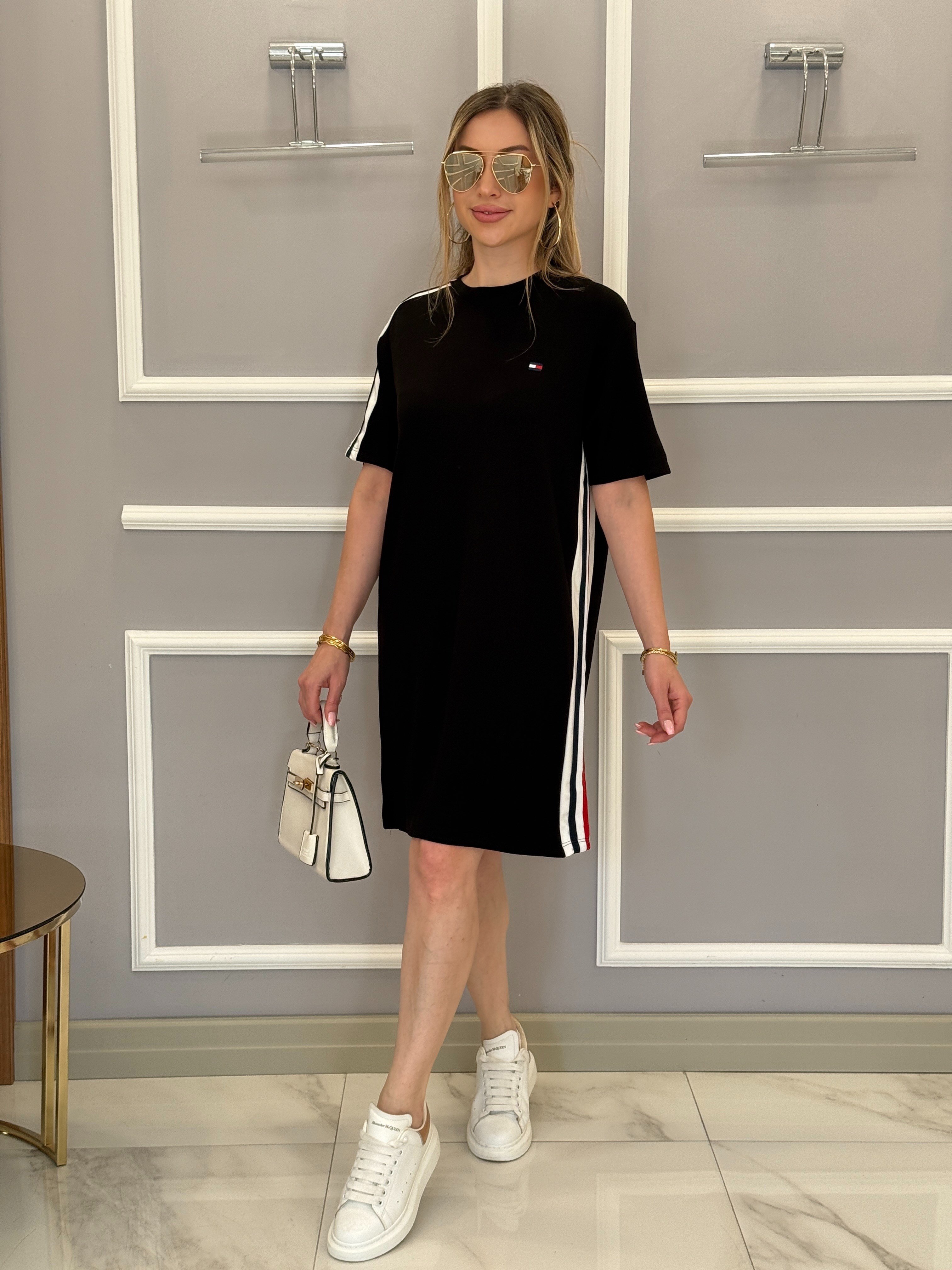 Th Modal Kumaş Şerit Detaylı Boyu 92cm Elbise Siyah