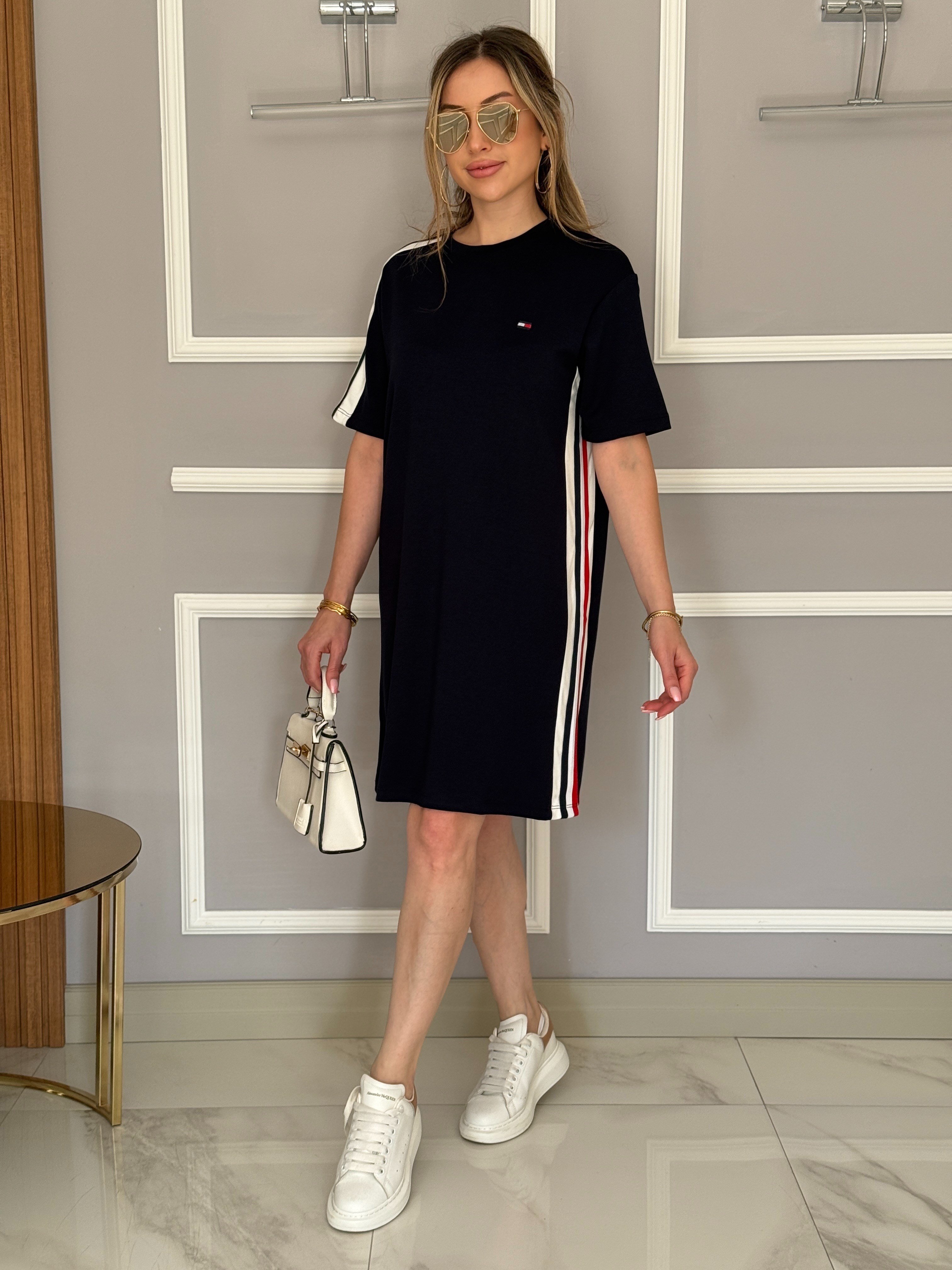 Th Modal Kumaş Şerit Detaylı Boyu 92cm Elbise Lacivert