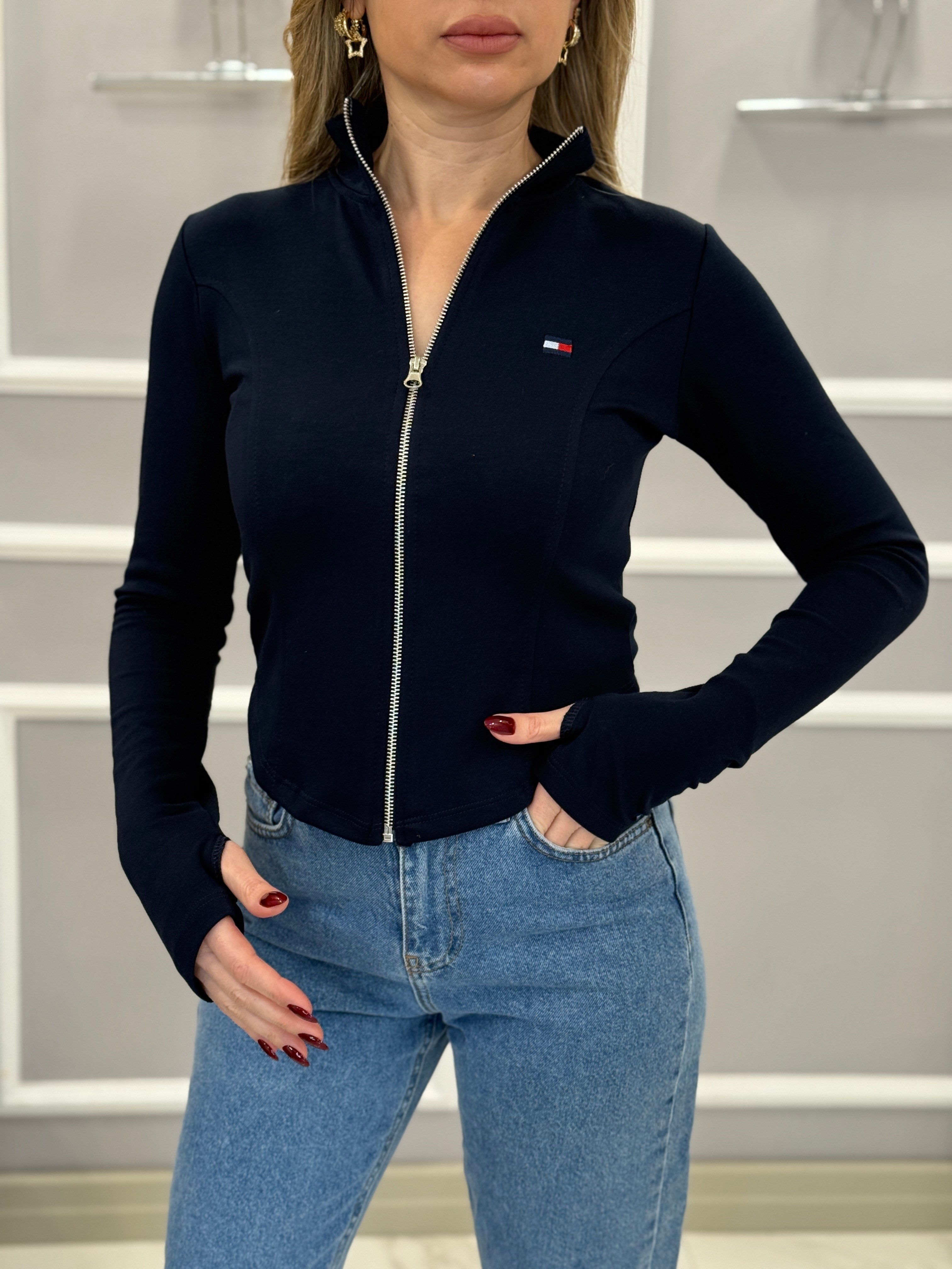 TH Premium Modal Kumaş Likralı Fermuarlı Parmak Geçmeli Bluz 53cm Lacivert