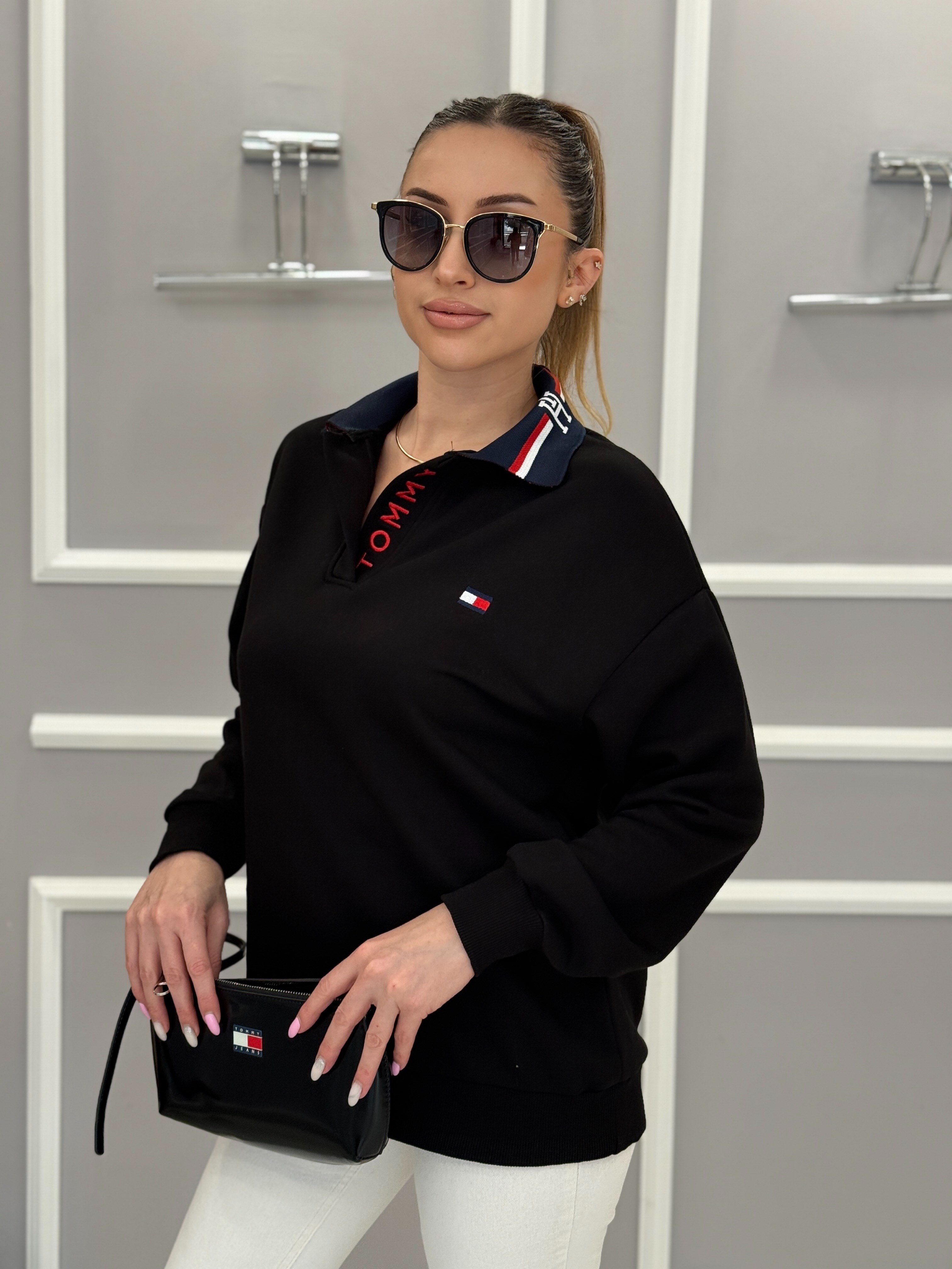 TH Premium Yakası Yazı Detaylı Sweatshirt Siyah