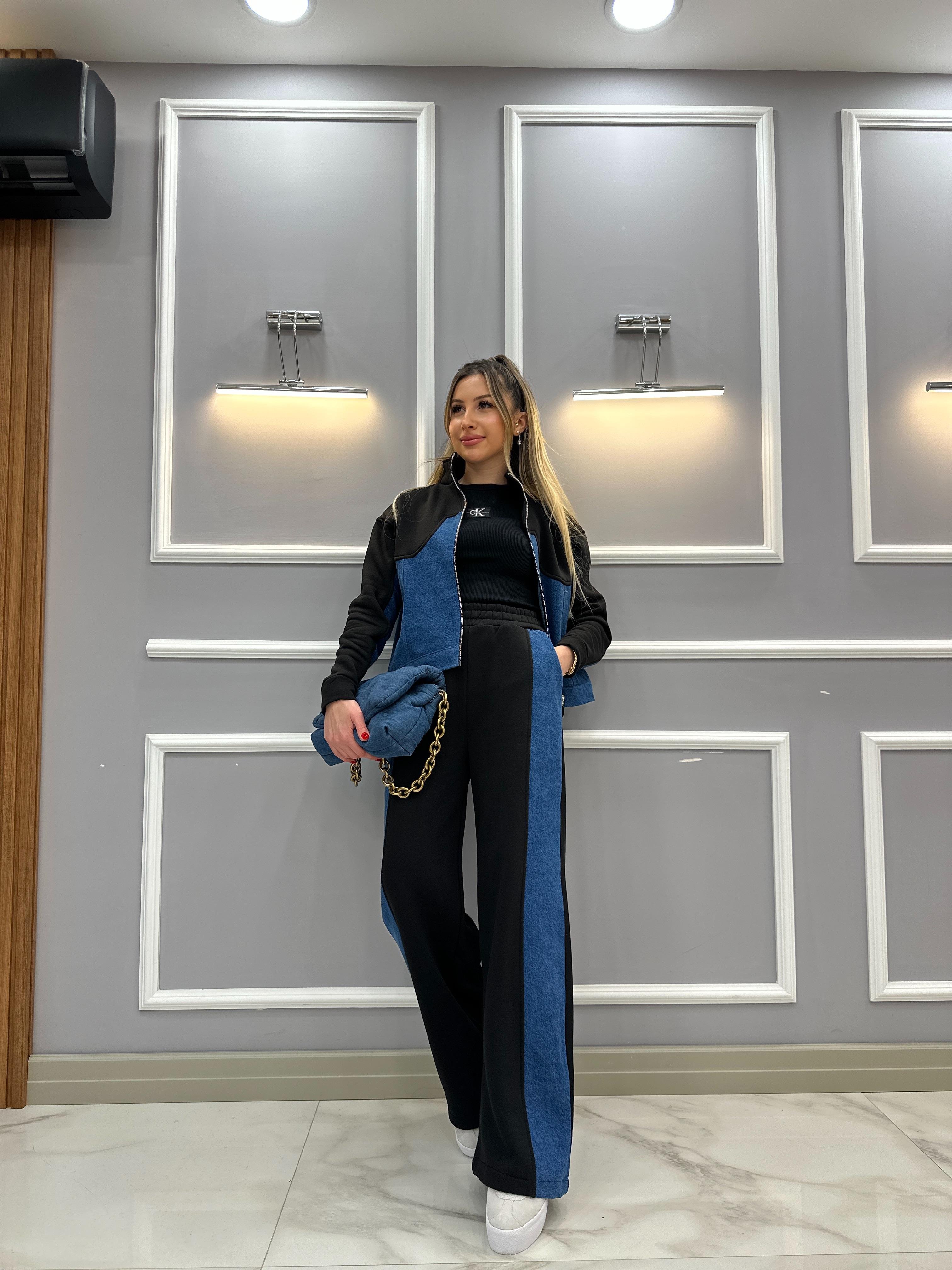 Tw Eşofman Takımı Kot Detaylı Fermuarlı Siyah Kot Mix
