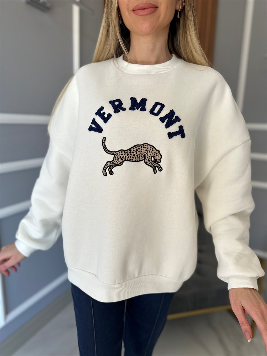 Vermont Baskılı Sweatshirt Krem 