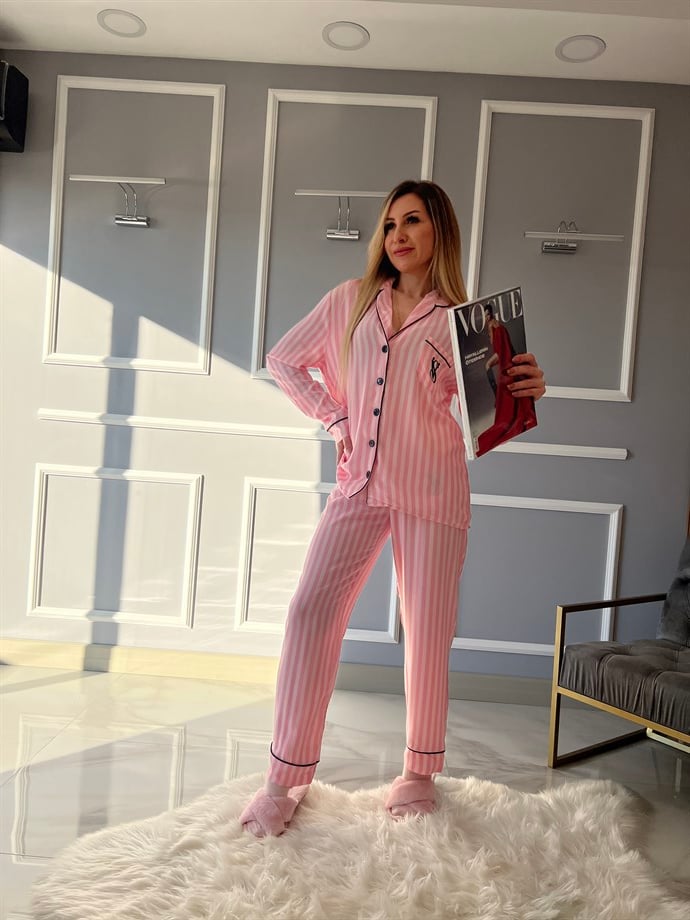 Vikos Çizgili Pijama Takımı Pembe