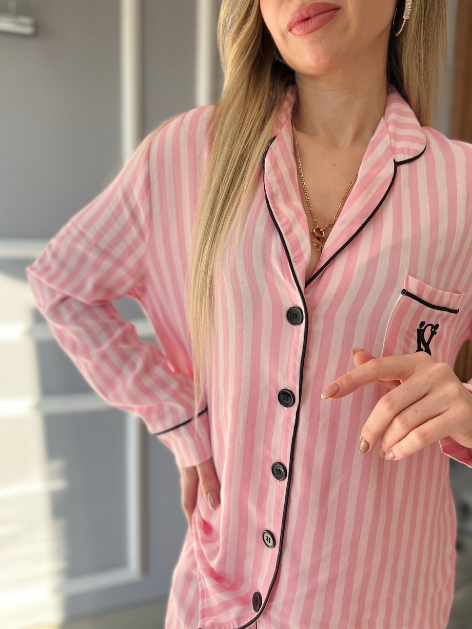 Vikos Çizgili Pijama Takımı Pembe