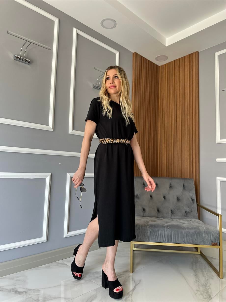 Yandan Yırtmaçlı Basic Elbise Siyah