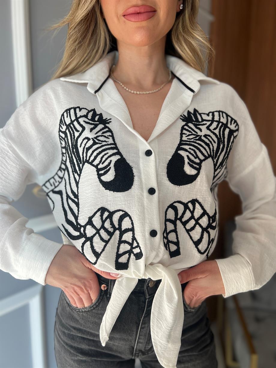 Zebra Nakışlı Gömlek Krem