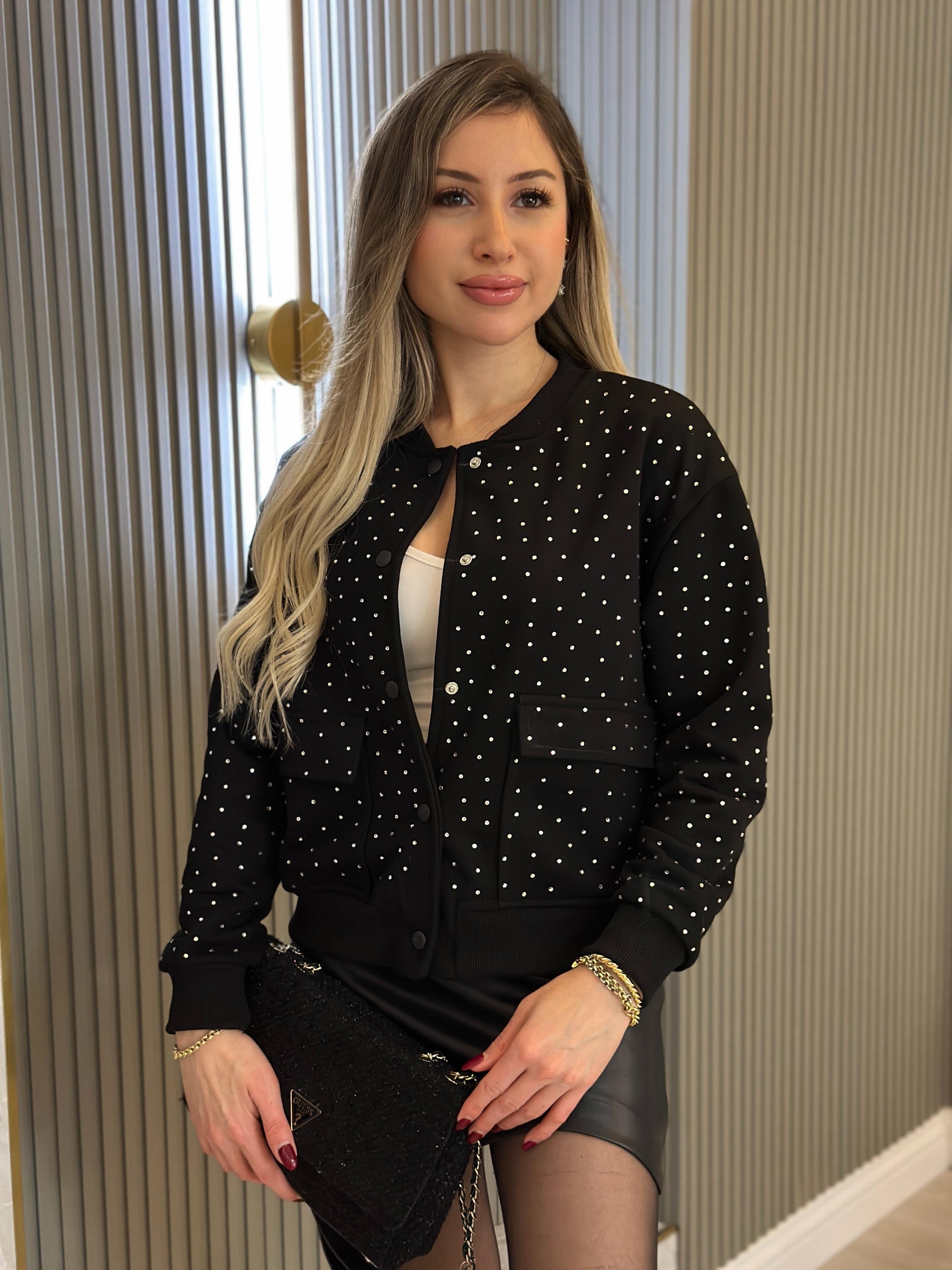 Zr Sweat Ceket Serpme Taşlı Siyah