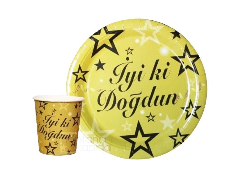 İyi ki Doğdun Gold Karton Tabak Bardak 8'li Set