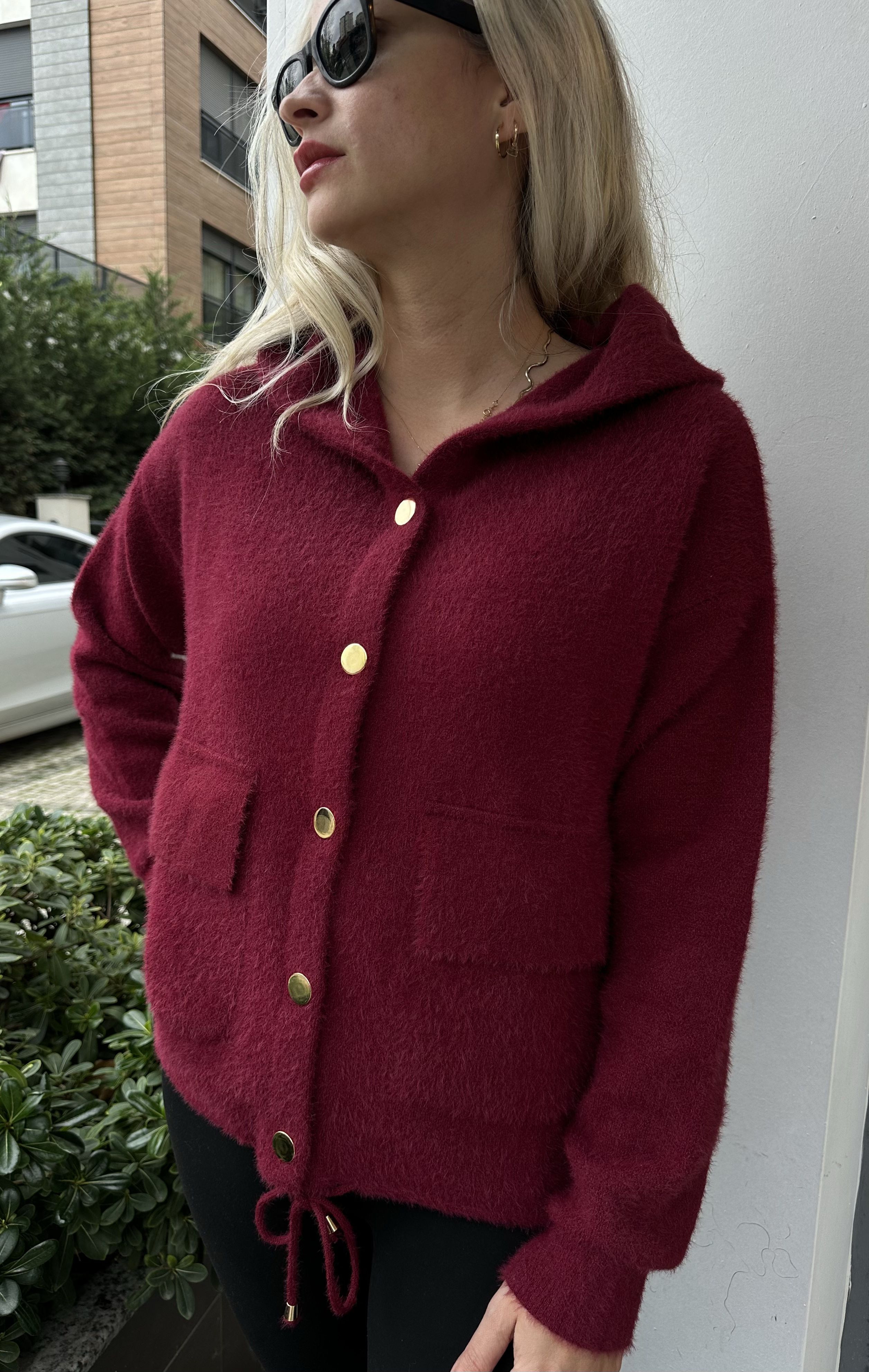 Bordo Renk Angora Görünümlü Kapüşonlu Hırka