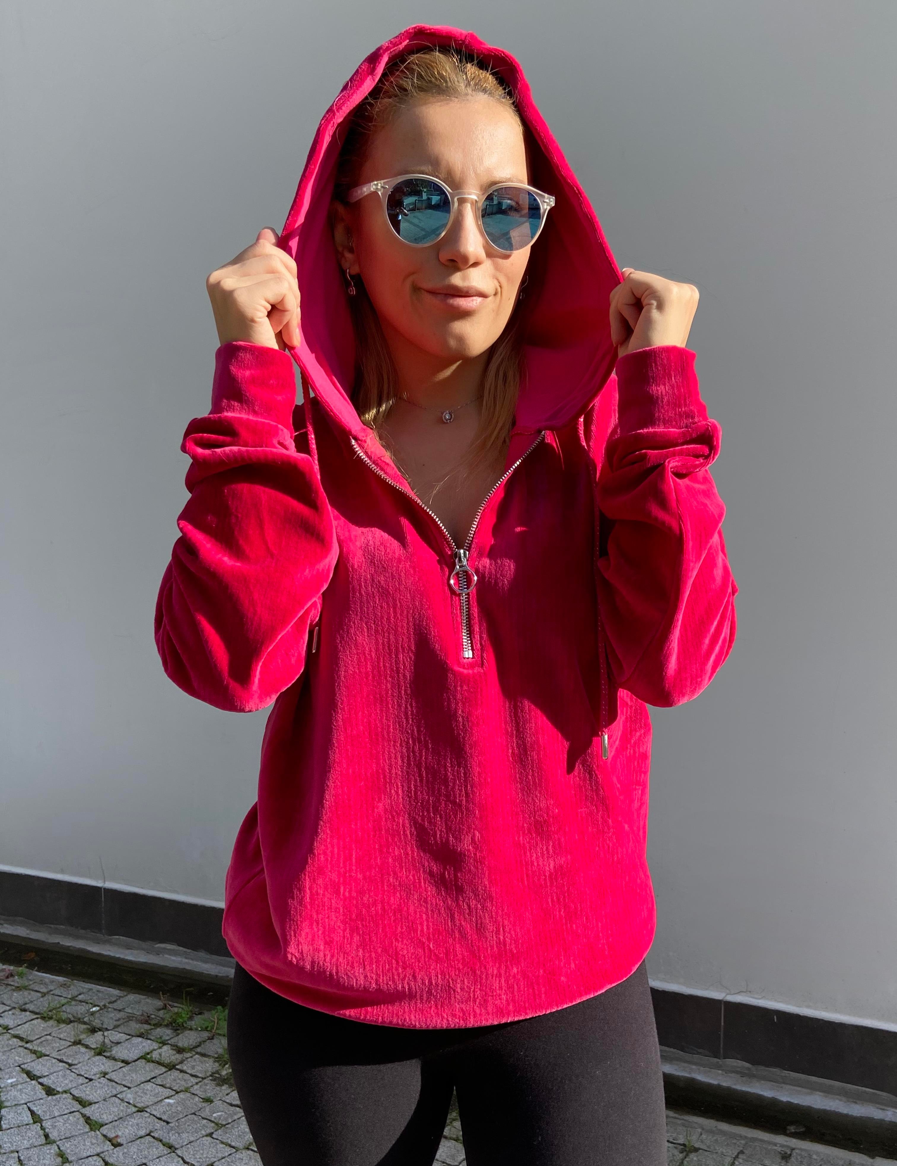 Fuşya Renk Kadife Kapüşonlu Sweatshirt