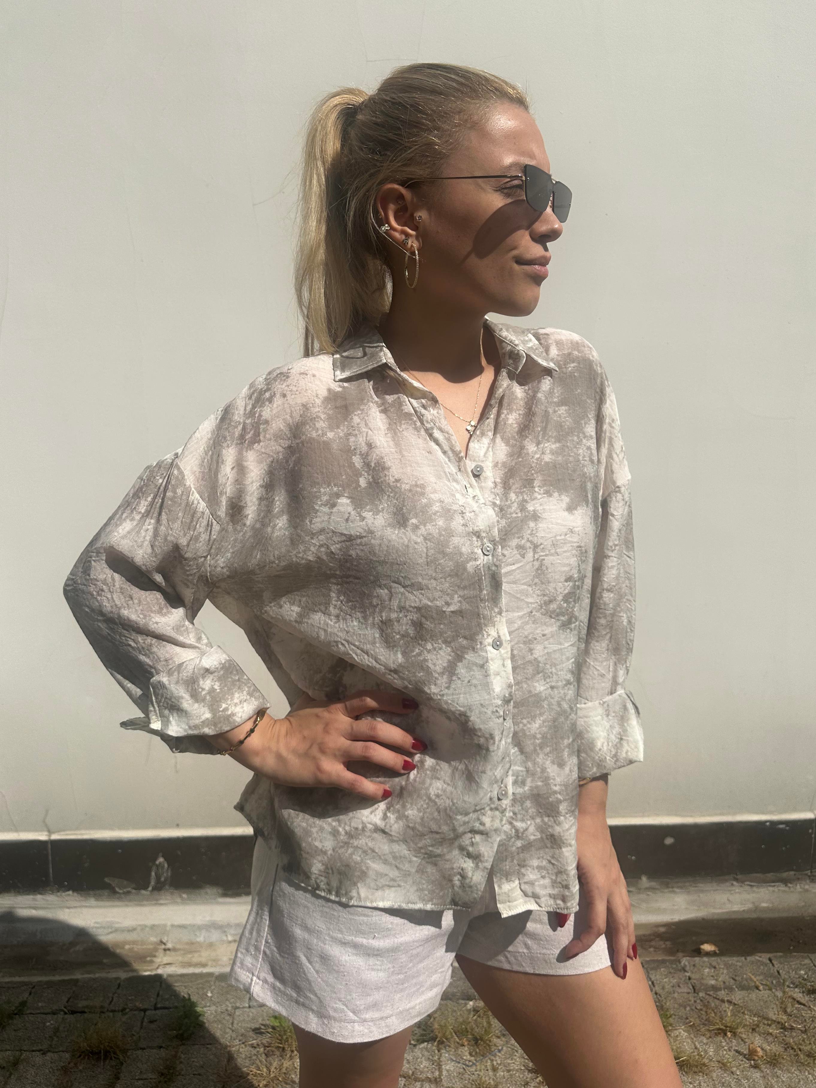 Gri Desenli Oversize Gömlek 