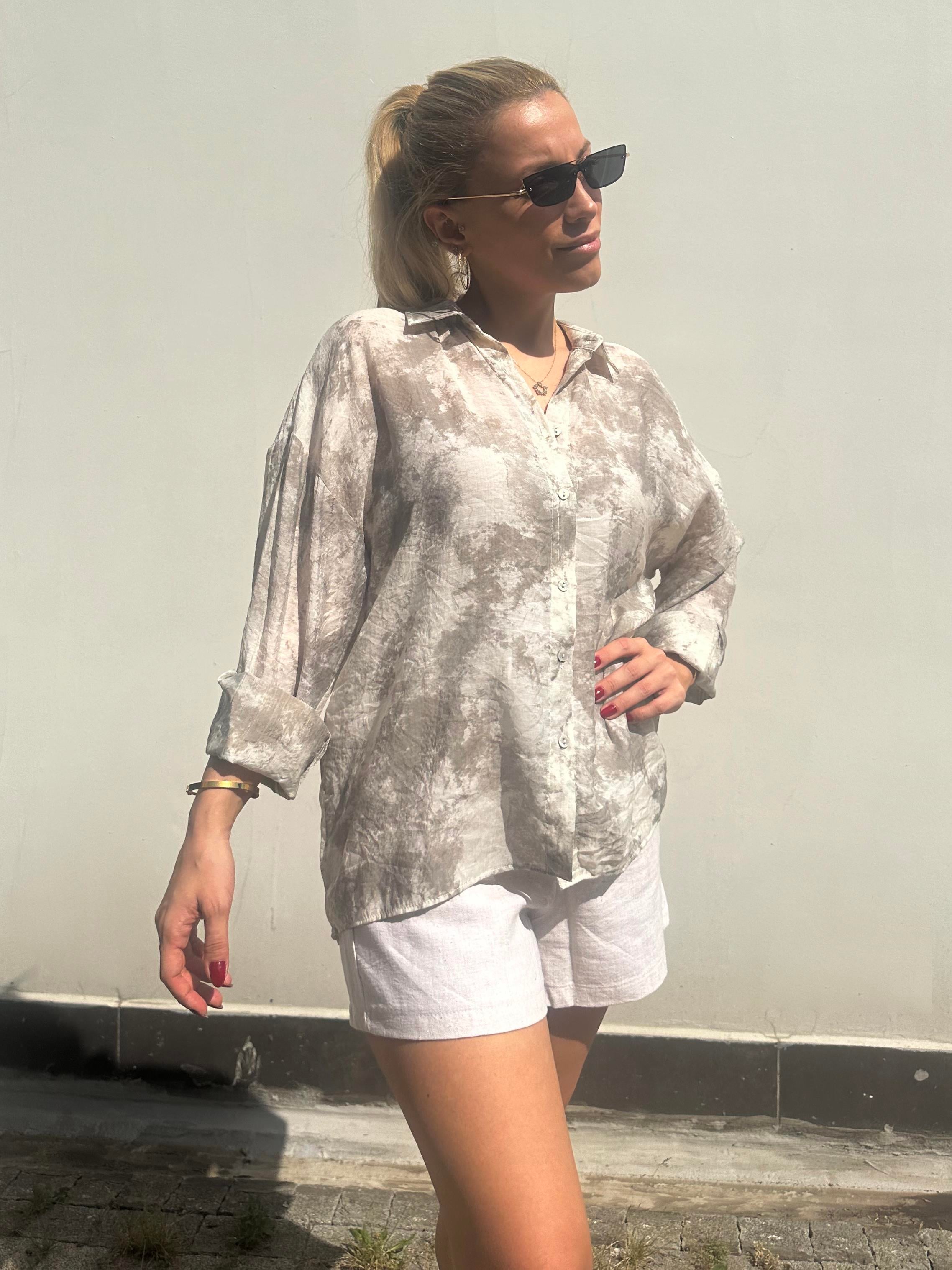 Gri Desenli Oversize Gömlek 