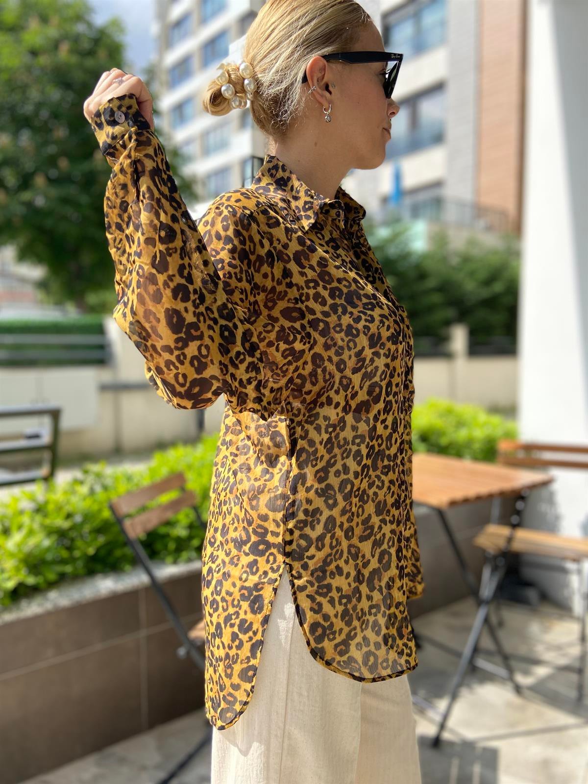 Leopar Desenli Şifon Gömlek
