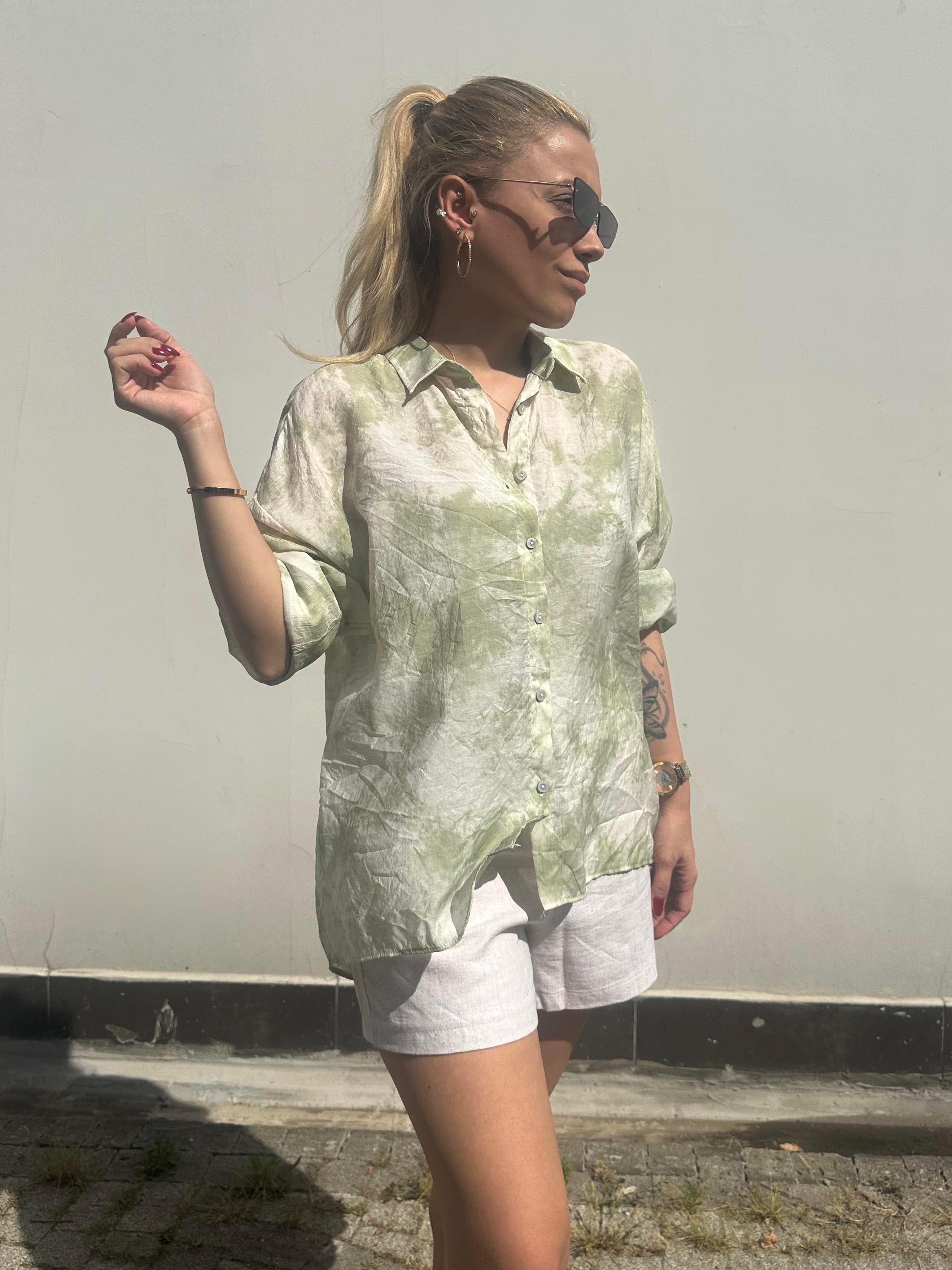 Yeşil Desenli Oversize Gömlek 