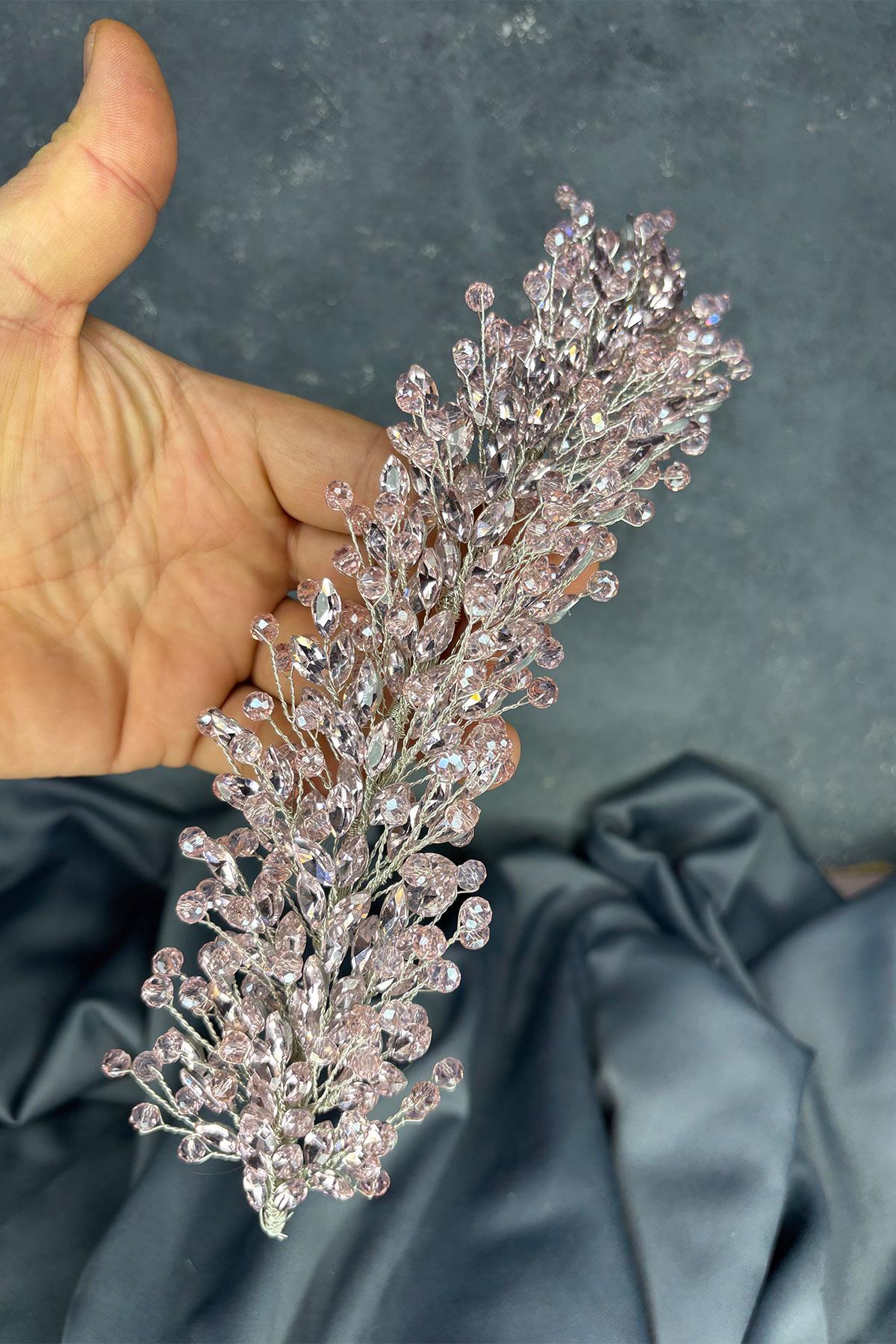 Açık Pembe Elisa Boncuklu Gelin Kına Tacı Saç Ve Türban Aksesuarı