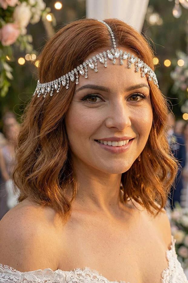 Alınlık Abiye Gelin Baştacı Prenses Tarzı Zincir Saç Aksesuarı