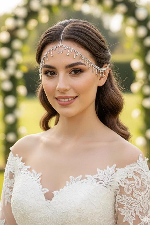 Alınlık Tek Sıra Kristal Taşlı Zincir Saç Aksesuarı Gelin Abiye Baştacı