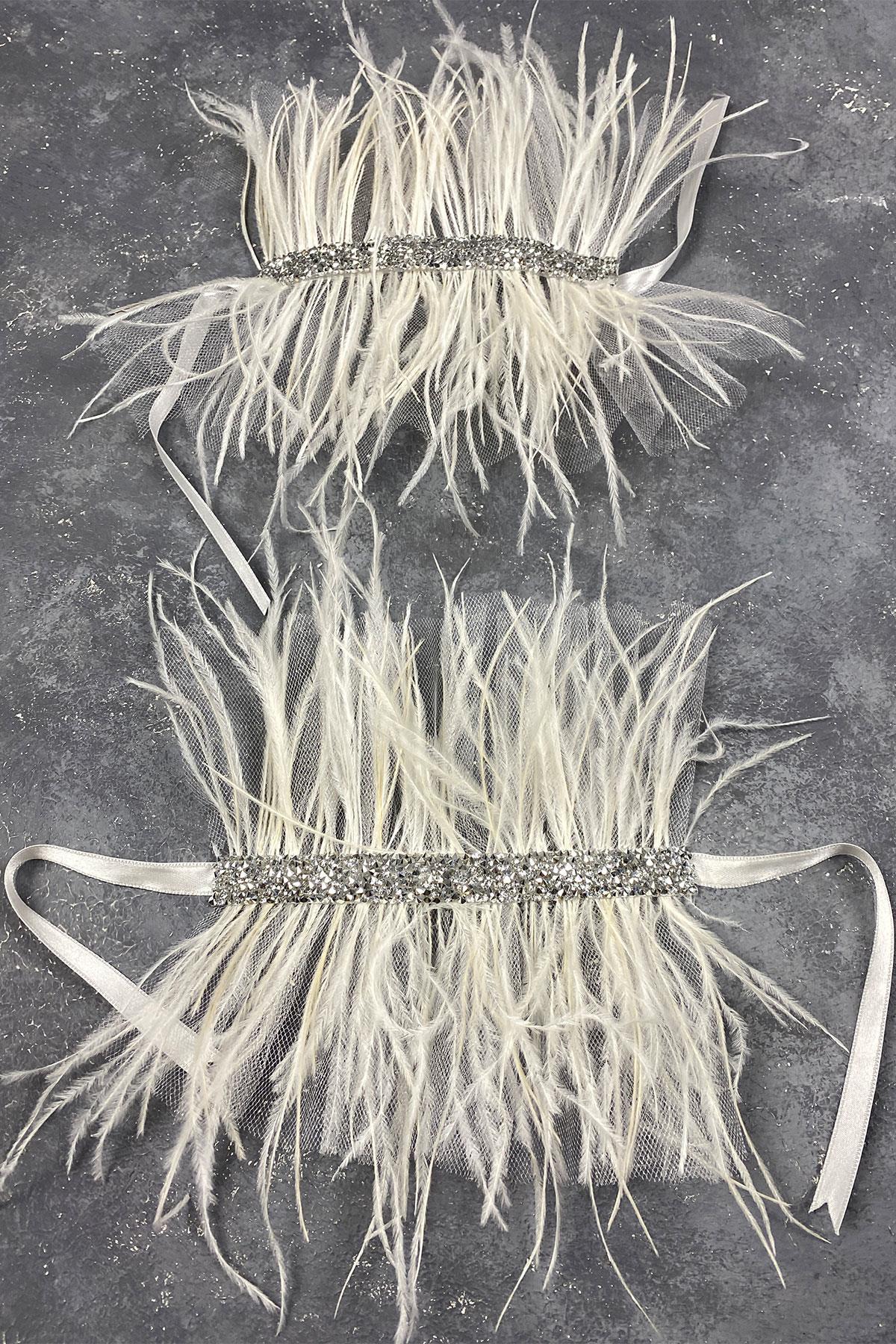Asel Parlak Taşlı Tüylü Çift Gelin Bileklik Aksesuarı