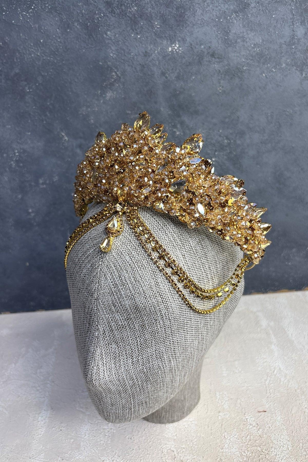 Bal Rengi Cudy Yoğun Boncuk İşlemeli Alınlık Gelin Kına Tacı