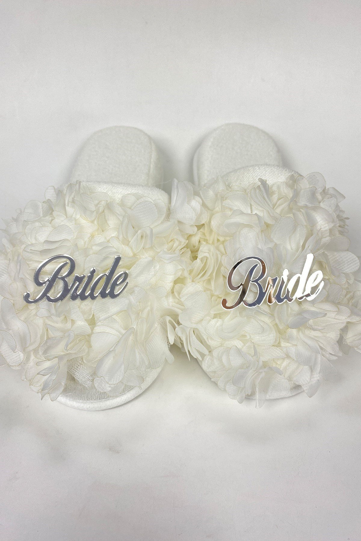 Beyaz Bride Yazılı Çiçekli Süslü Gelin Terliği