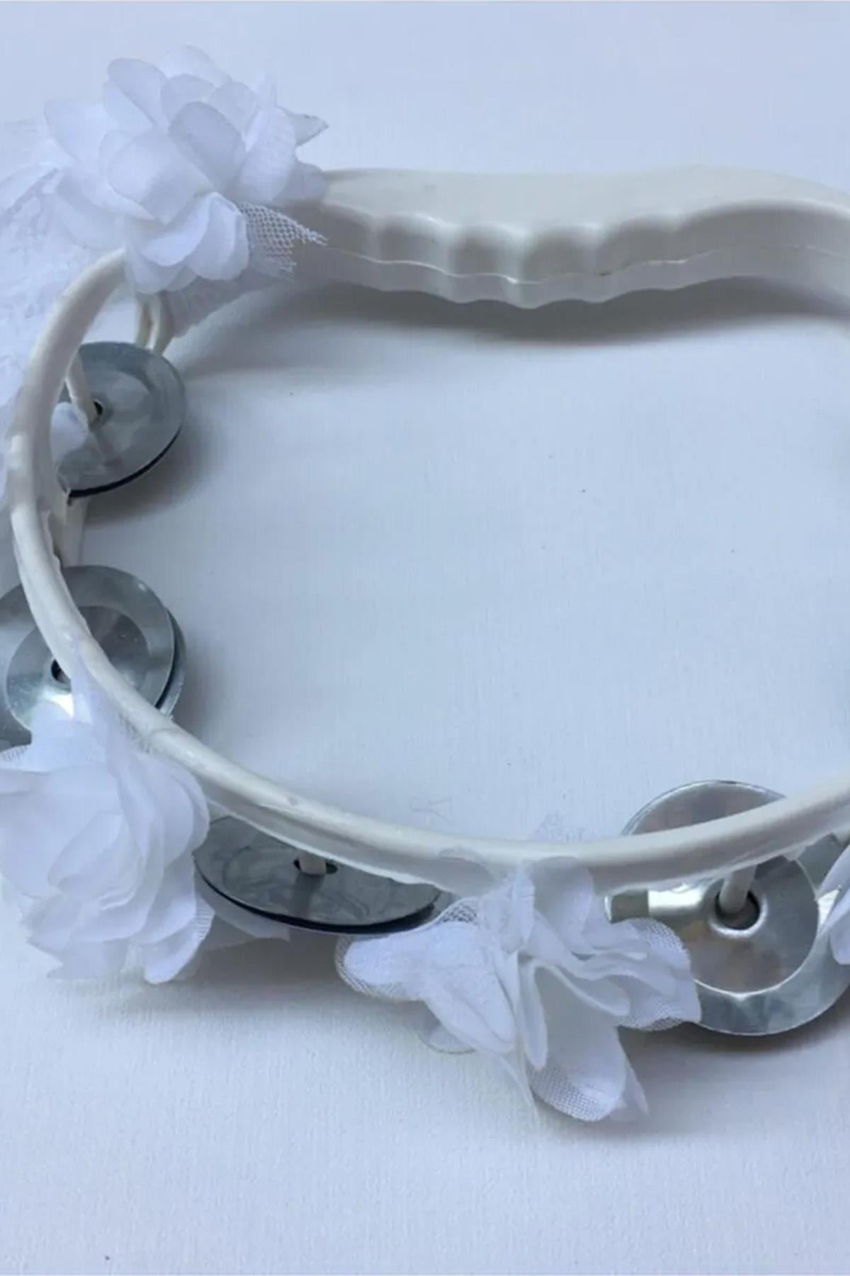 Beyaz Çiçeklerle Süslenmiş Nedime Tefi Düğün Ve Kına Için Plastik Tef 5 Adet