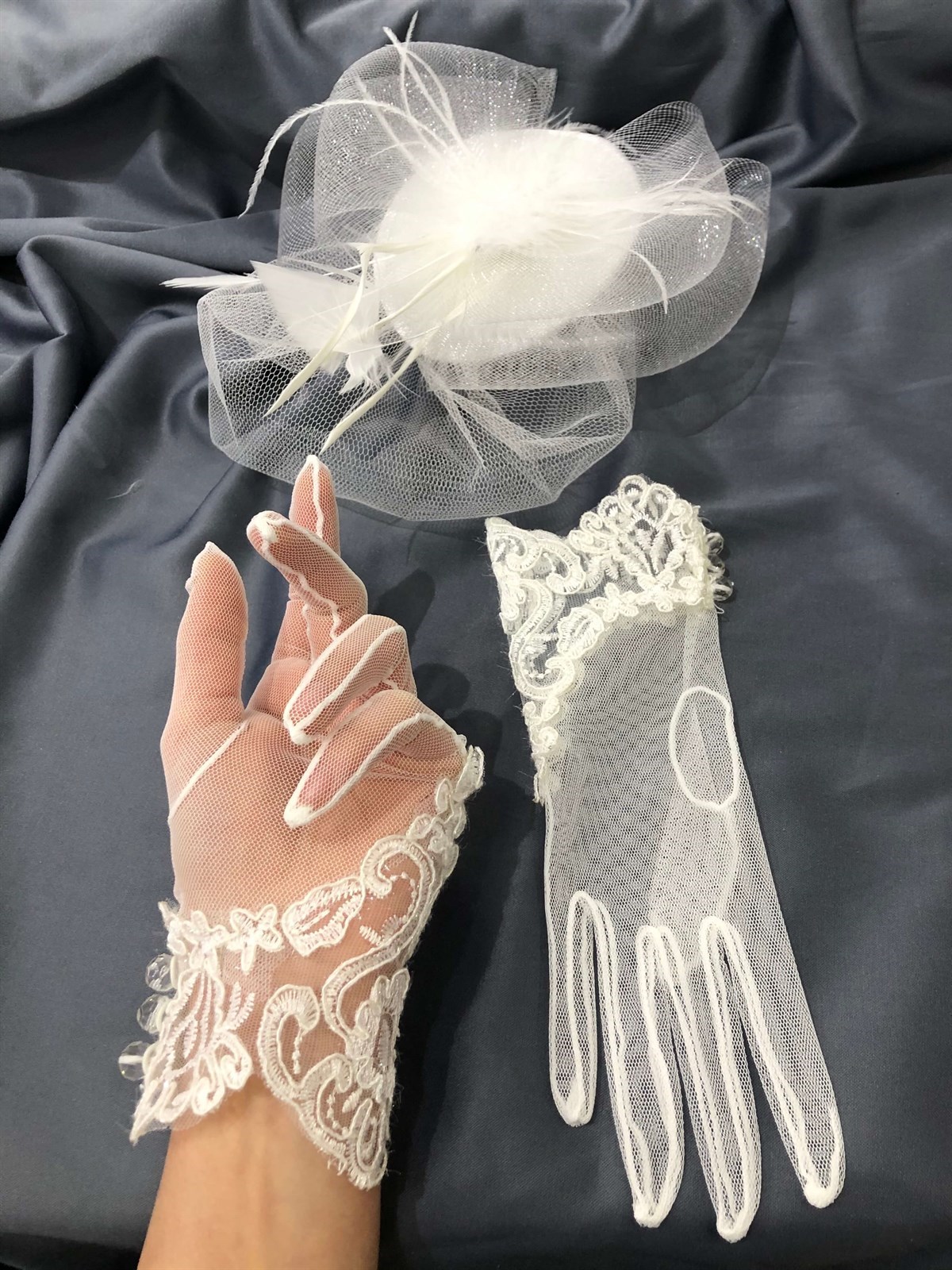 Beyaz Dantelli Eldiven-Düz Vualet Nikah Şapkası