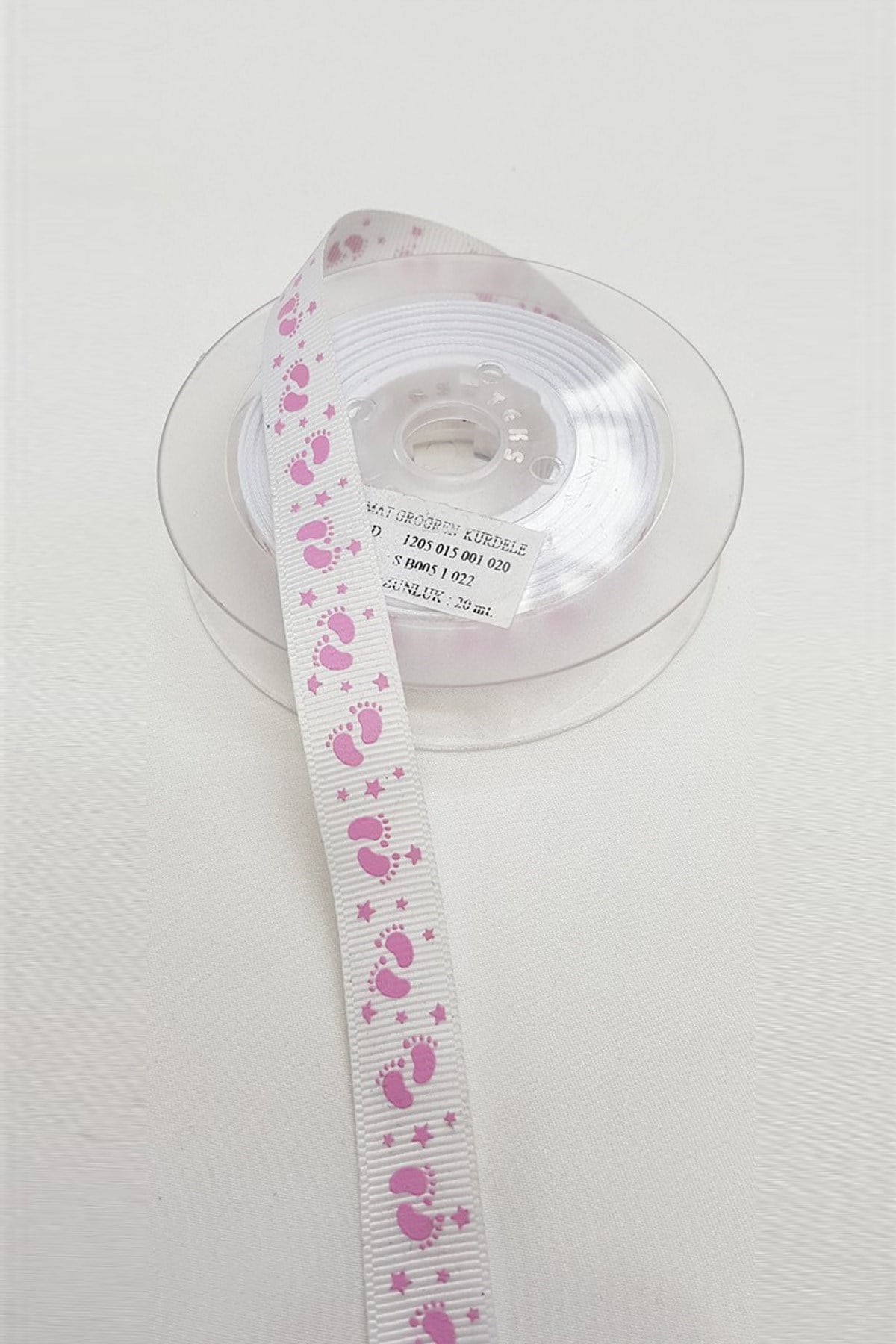 Beyaz Pembe Grogren Kurdele Bebek Temalı 1,5 cm