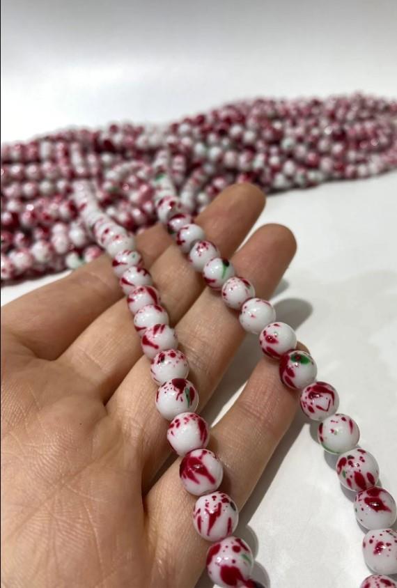 Bordo Desenli Dizi Cam Boncuk 8 Mm