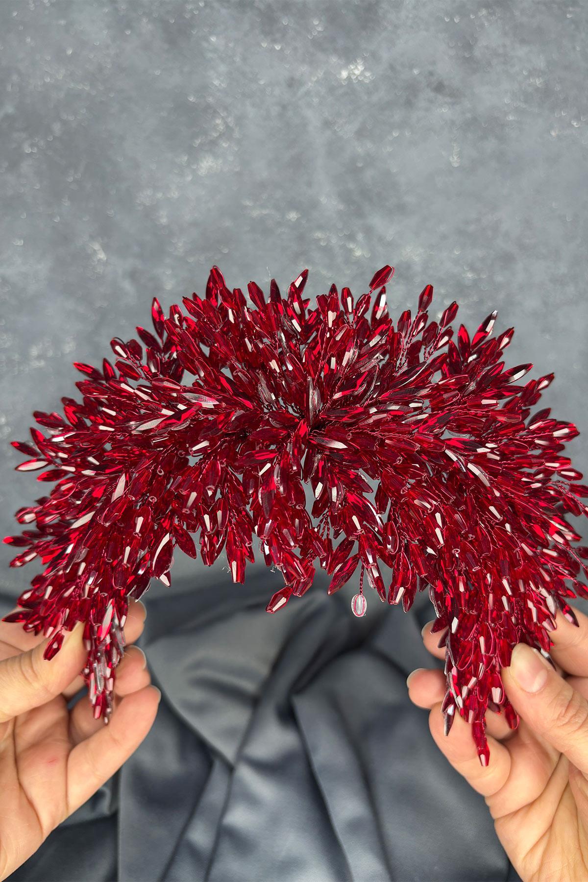Bordo Eva Yoğun Boncuk İşlemeli Gelin Kına Tacı