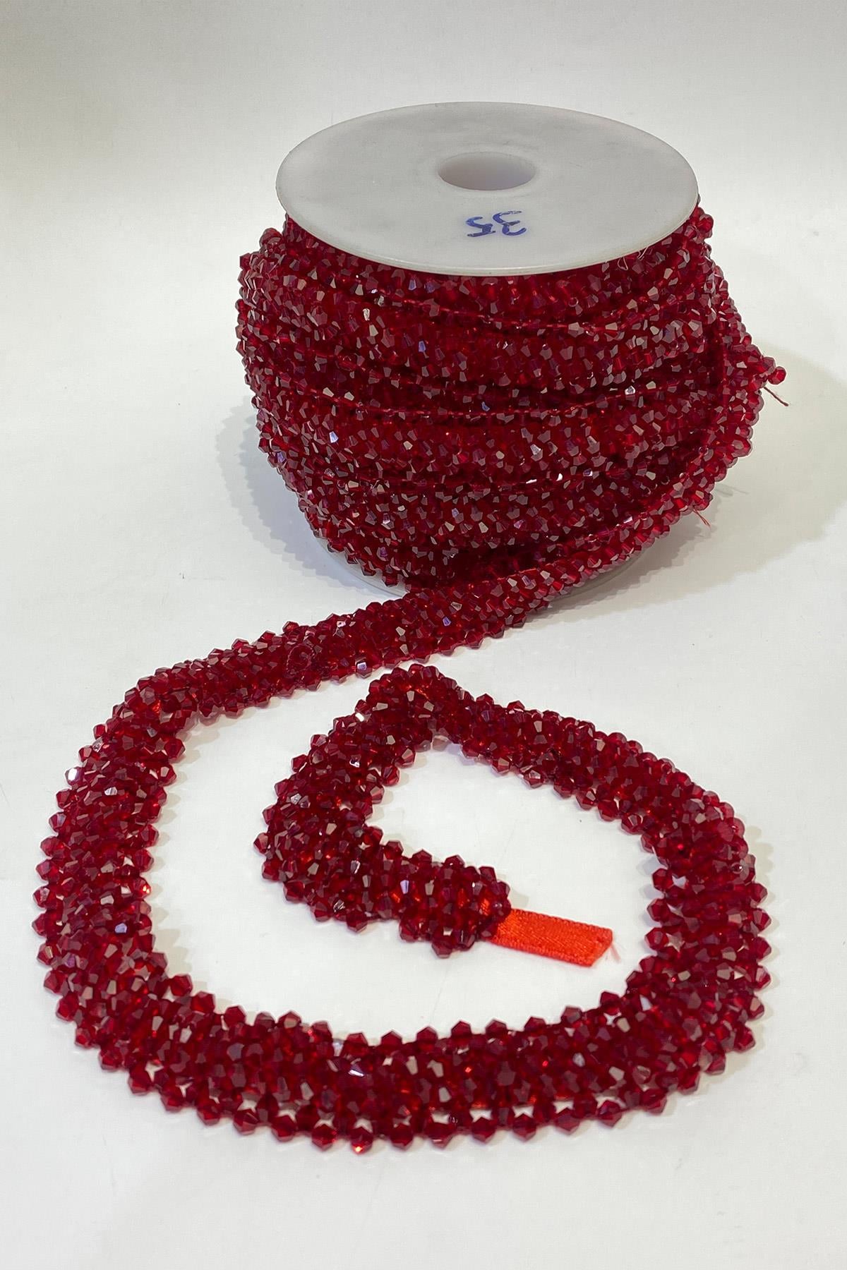 Bordo Geniş Kristal Boncuklu İşlemeli Şerit
