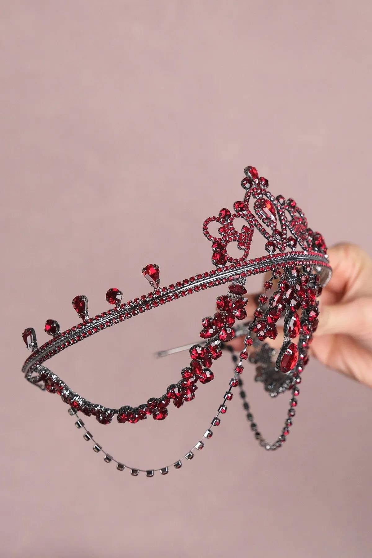 Bordo Hürrem Saçaklı Alınlık Gelin Kına Tacı