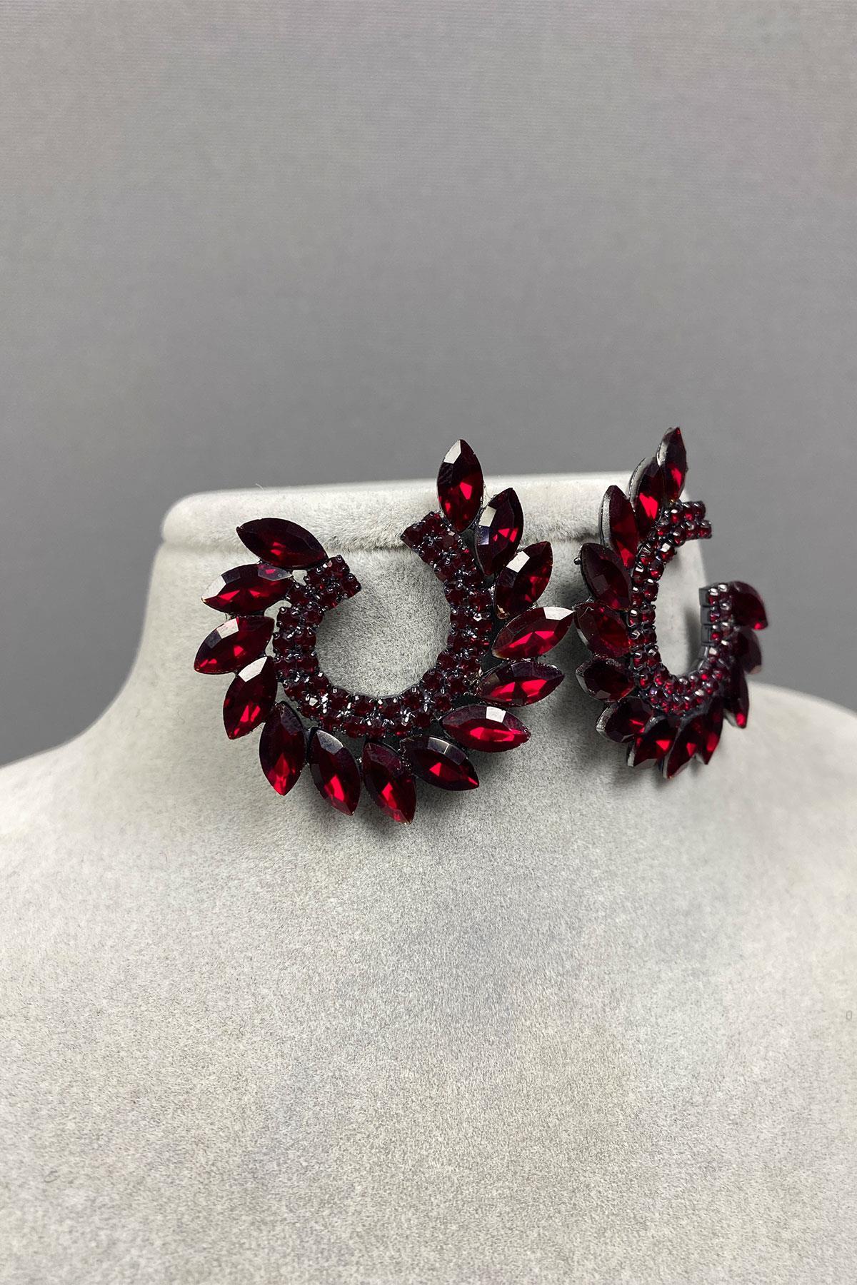 Bordo Mekik Hera Yaprak Desen Taşlı Abiye Küpe