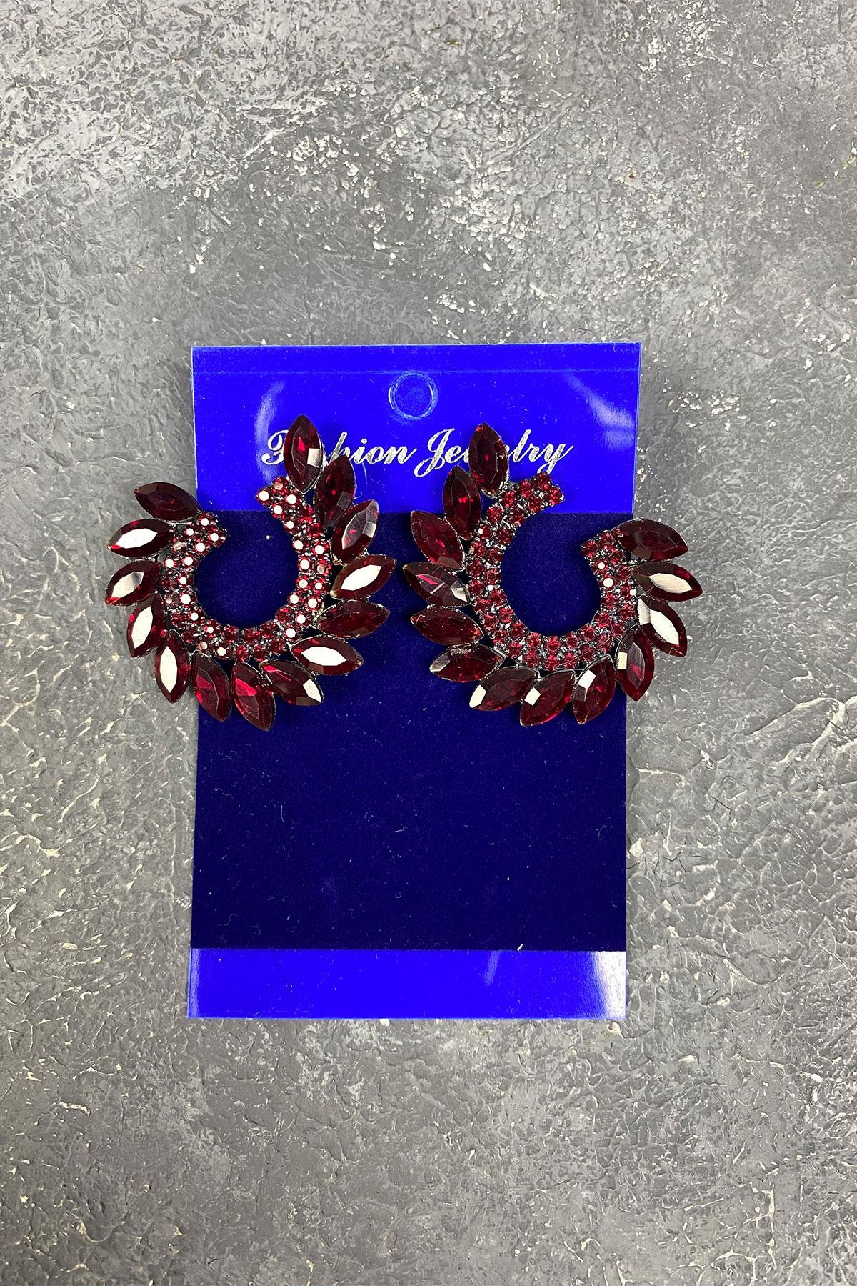 Bordo Mekik Hera Yaprak Desen Taşlı Abiye Küpe