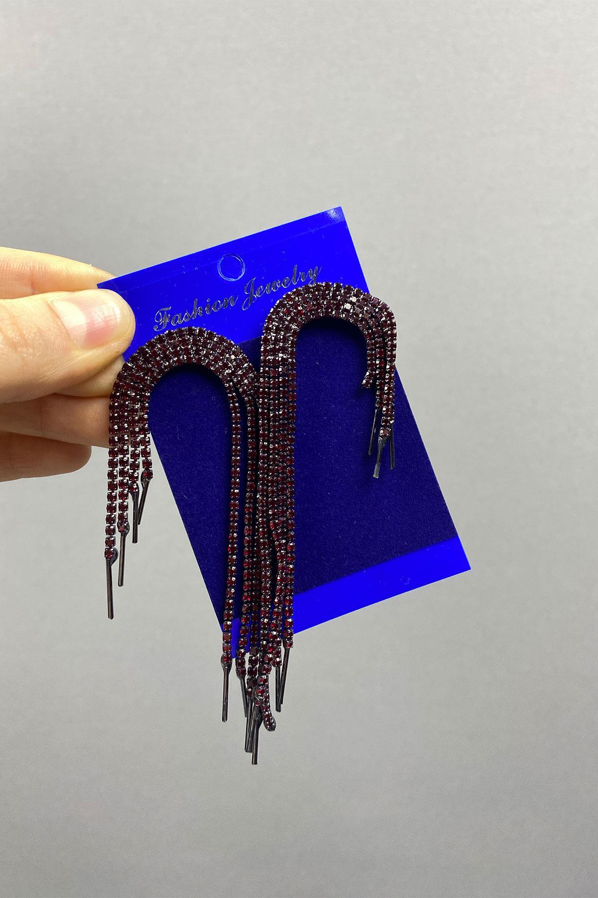 Bordo Sallantılı Abiye Taşlı Küpe