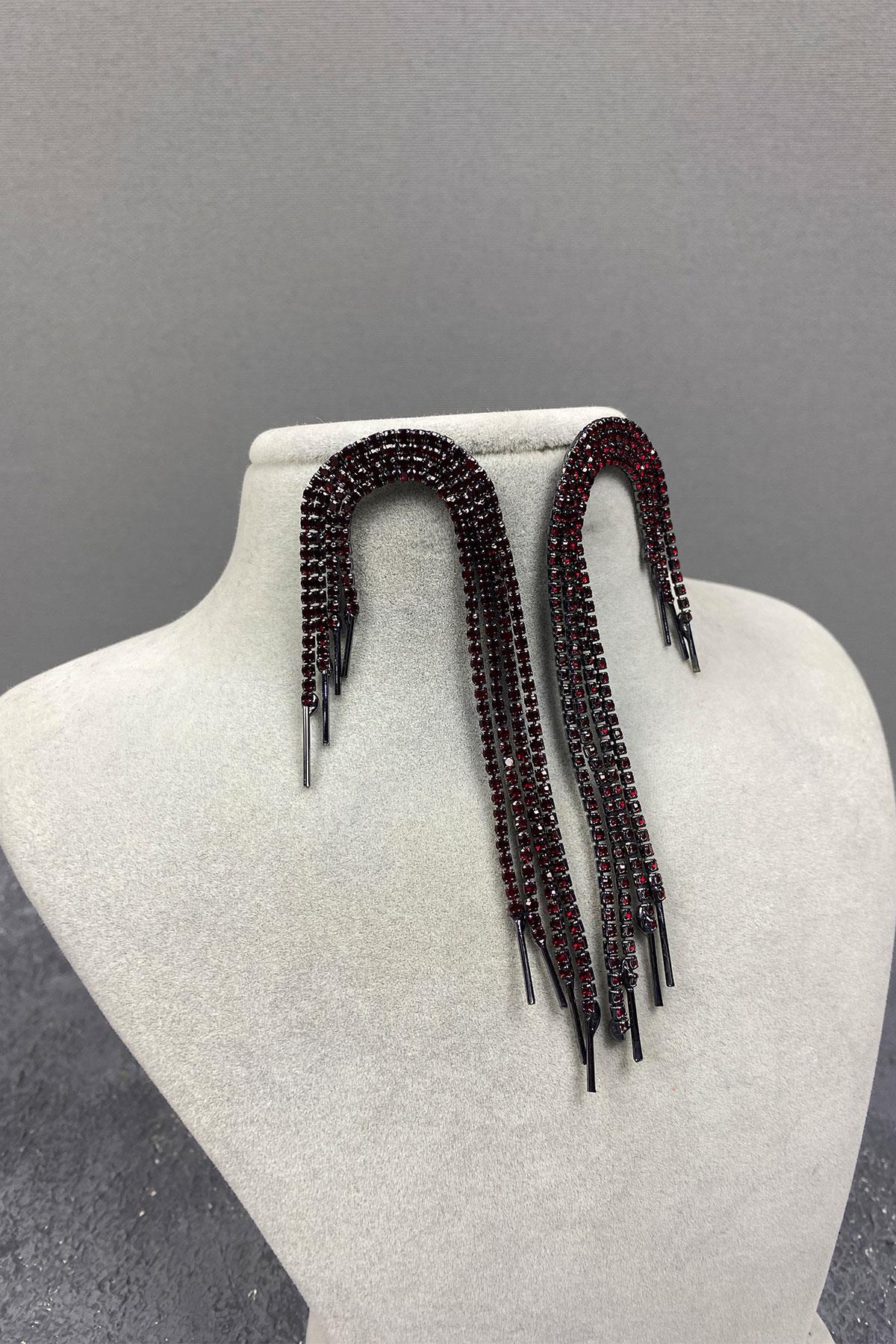 Bordo Sallantılı Abiye Taşlı Küpe
