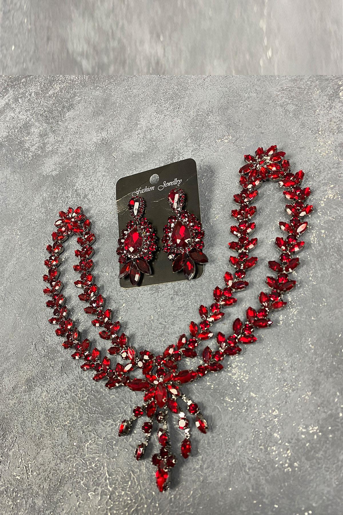 Bordo Sultan Model Alınlık Gelin Kına Saç Aksesuarı Ve Küpe Seti