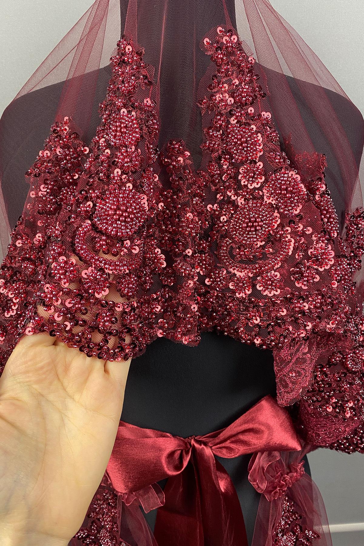 Bordo Sultan Model Özel İşlemeli Gelin Kına Duvağı Yüz Örtüsü