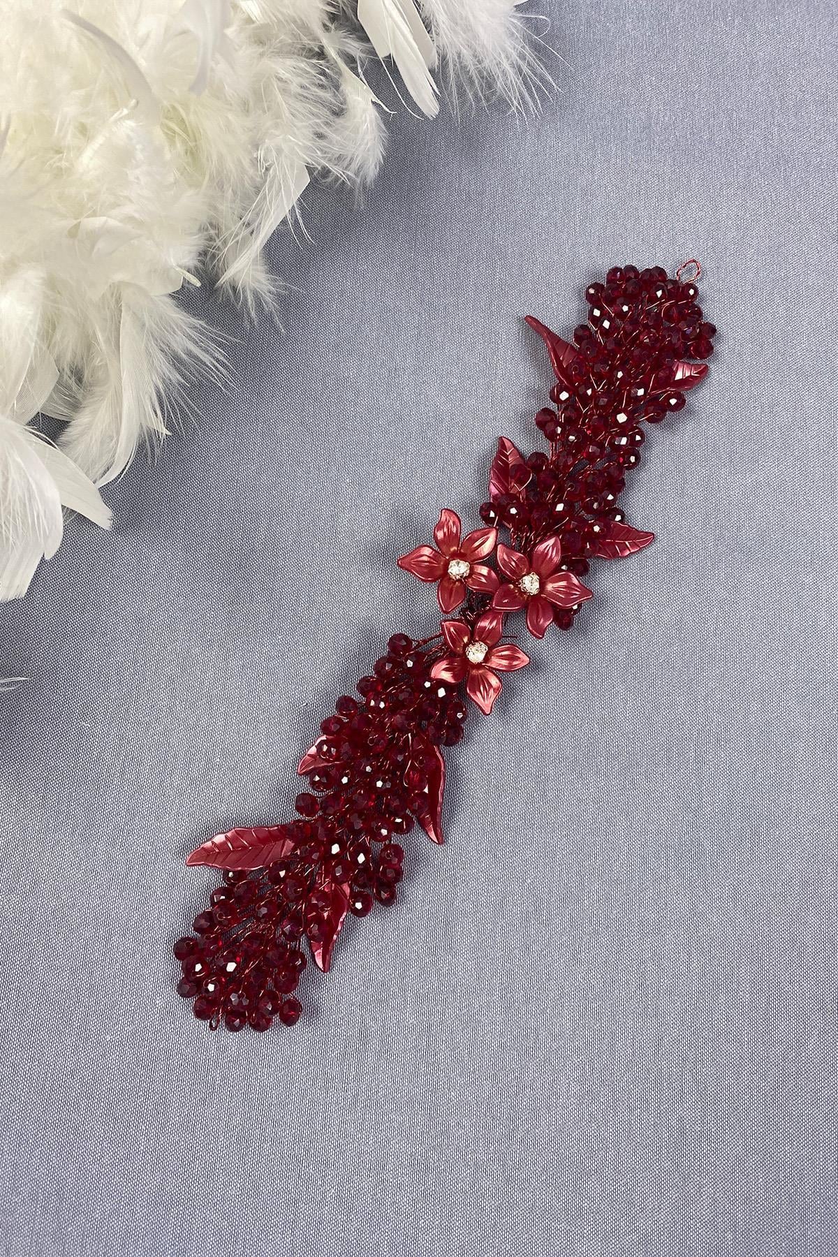 Bordo Yaprak ve Kristal Boncuklu Gelin Saç ve Türban Aksesuarı