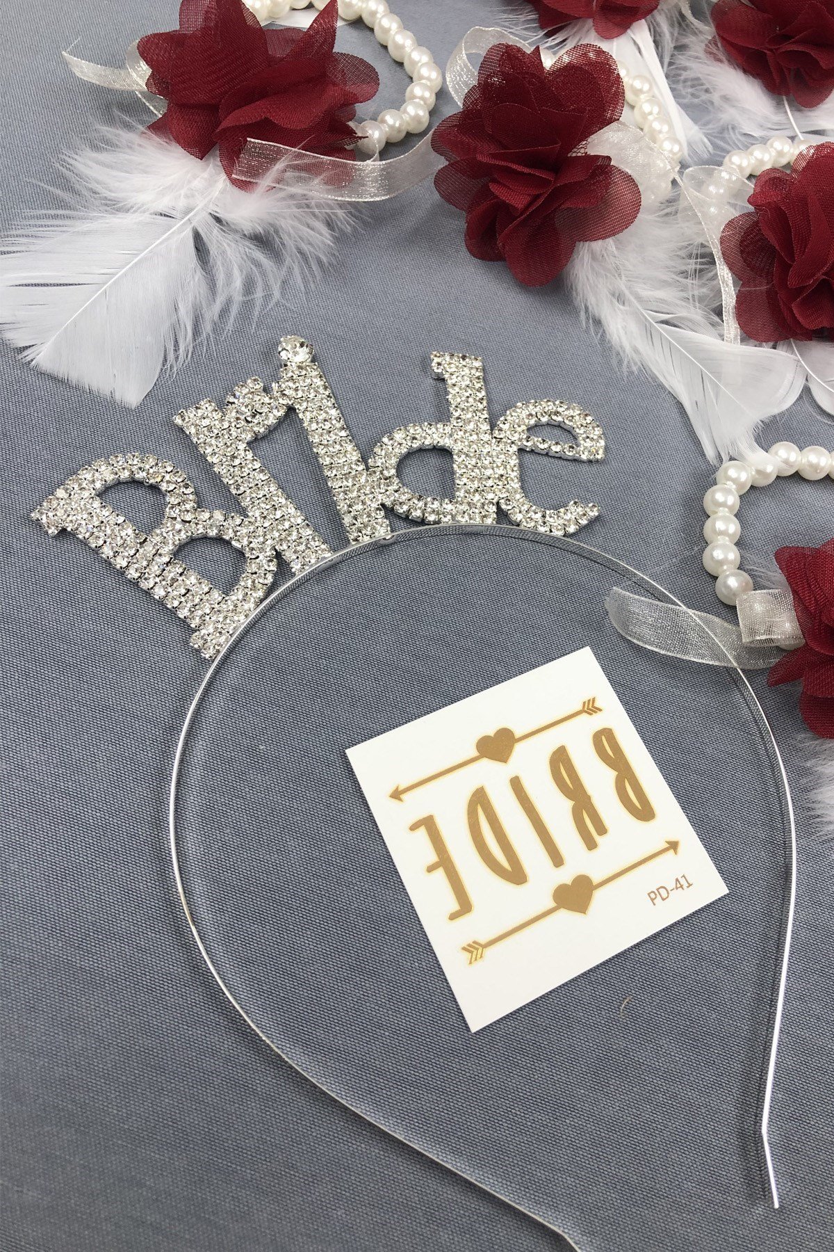 Bride Taç ve Bordo Lazer Çiçekli Nedime Bileklik Seti